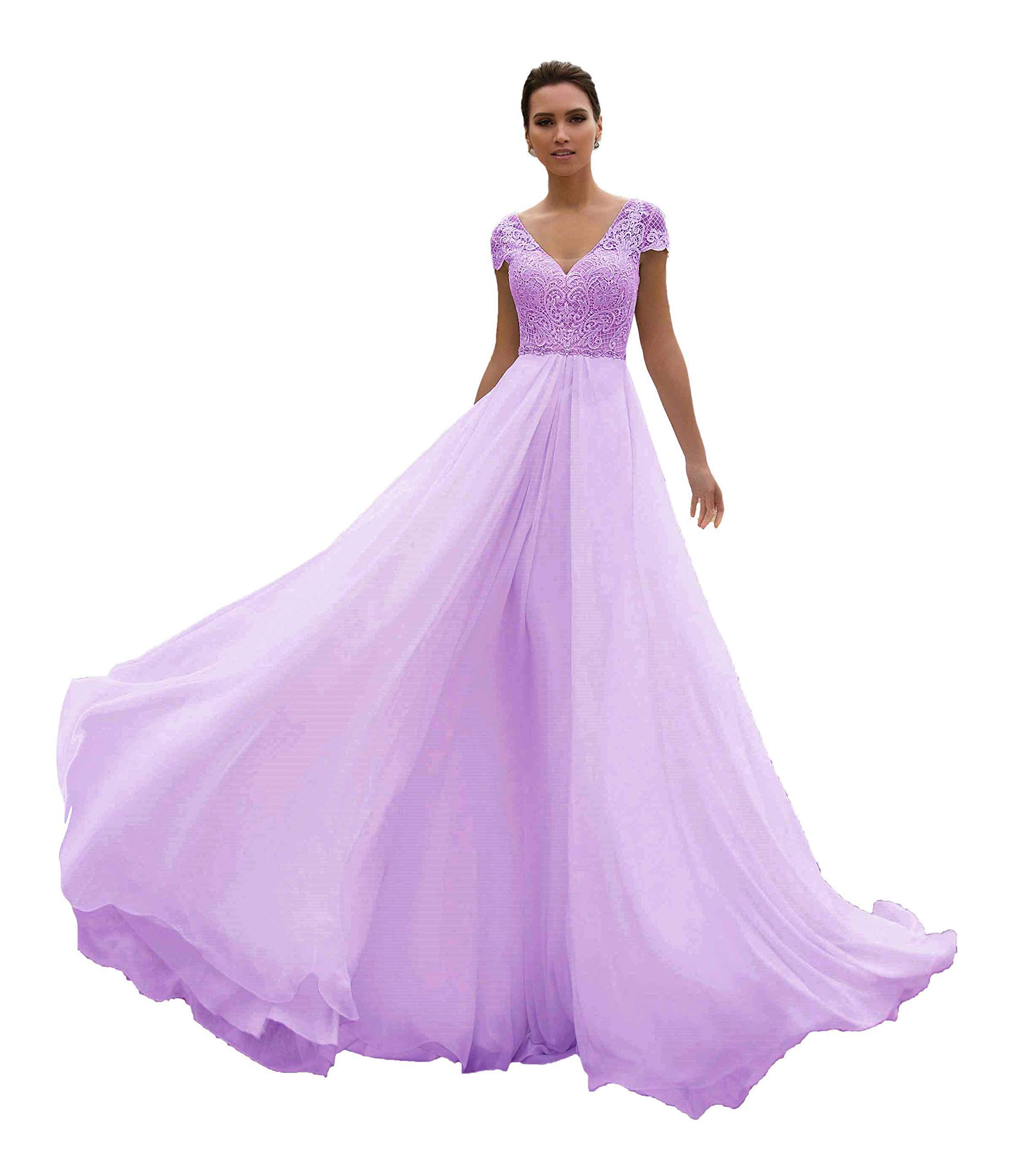 Elegant Chiffon Boho Wedding Dress for Women - V-Neck Beaded Lace Formal Gown for Beach, Destination & Outdoor Weddings