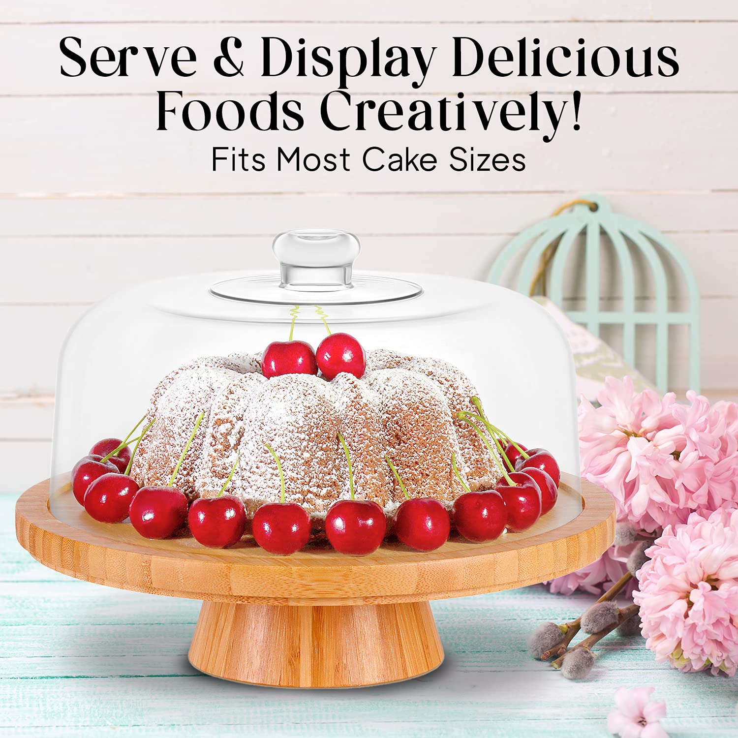 Homeries 6-in-1 Bamboo Cake Stand with Lid - Multi-Functional Serving Platter & Cake Display Stand with Dome - Perfect for Weddings, Birthday Parties, Dessert Buffets & Home Baking Display