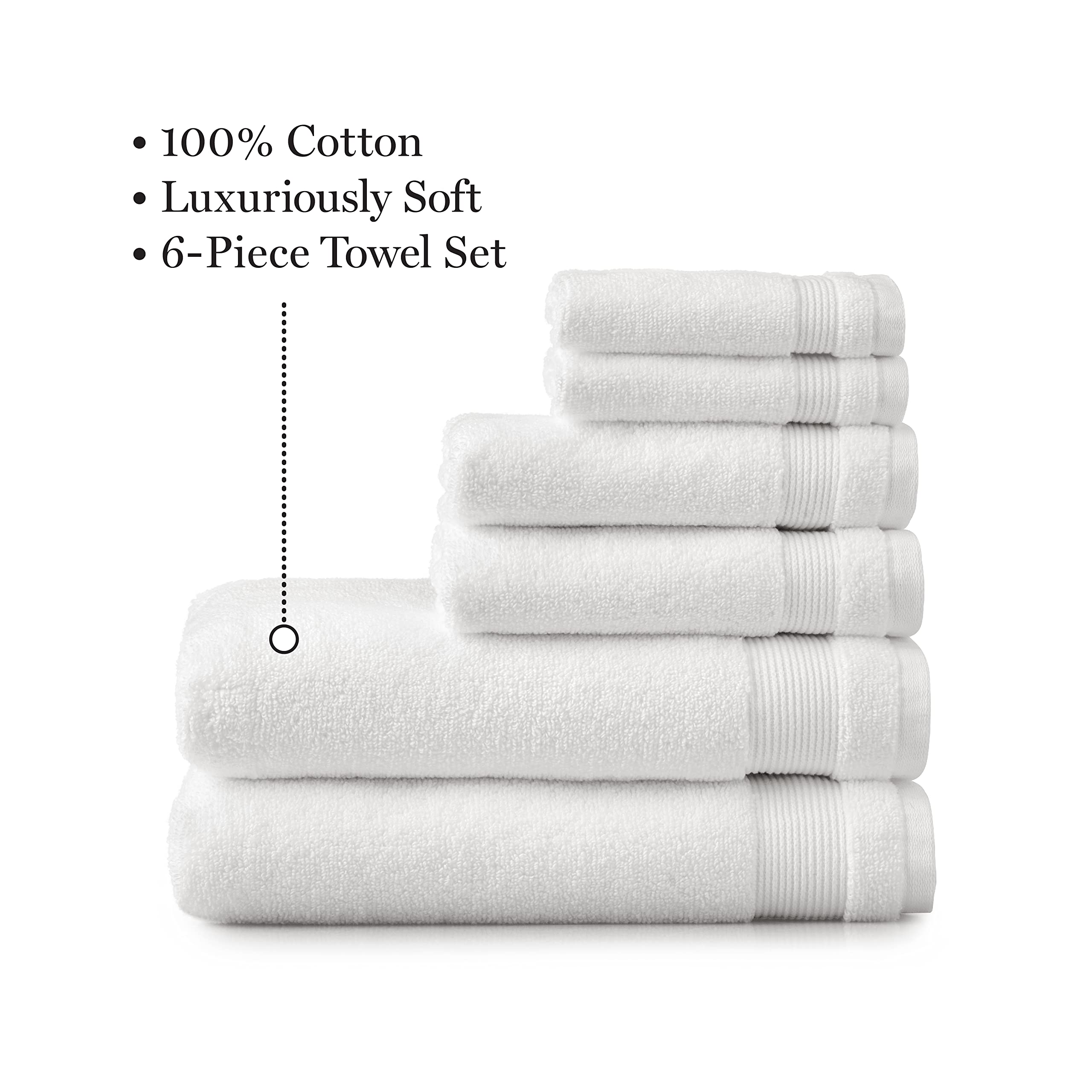 Martha Stewart 6-Piece 100% Cotton Bath Towel Set - 2 Bath Towels, 2 Hand Towels, 2 Washcloths | Ultra Soft, Highly Absorbent & Quick-Drying | Luxury Bathroom Essentials for Spa, Hotel & Home Use (White)