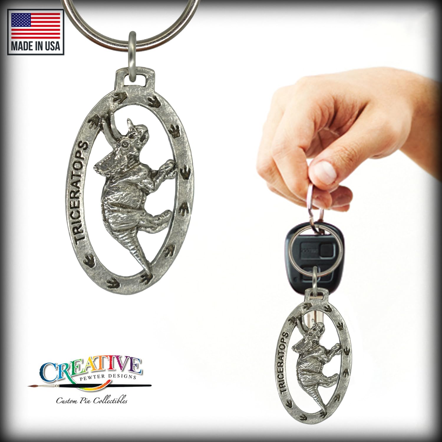 Handmade Pewter Triceratops Dinosaur Keychain - 2