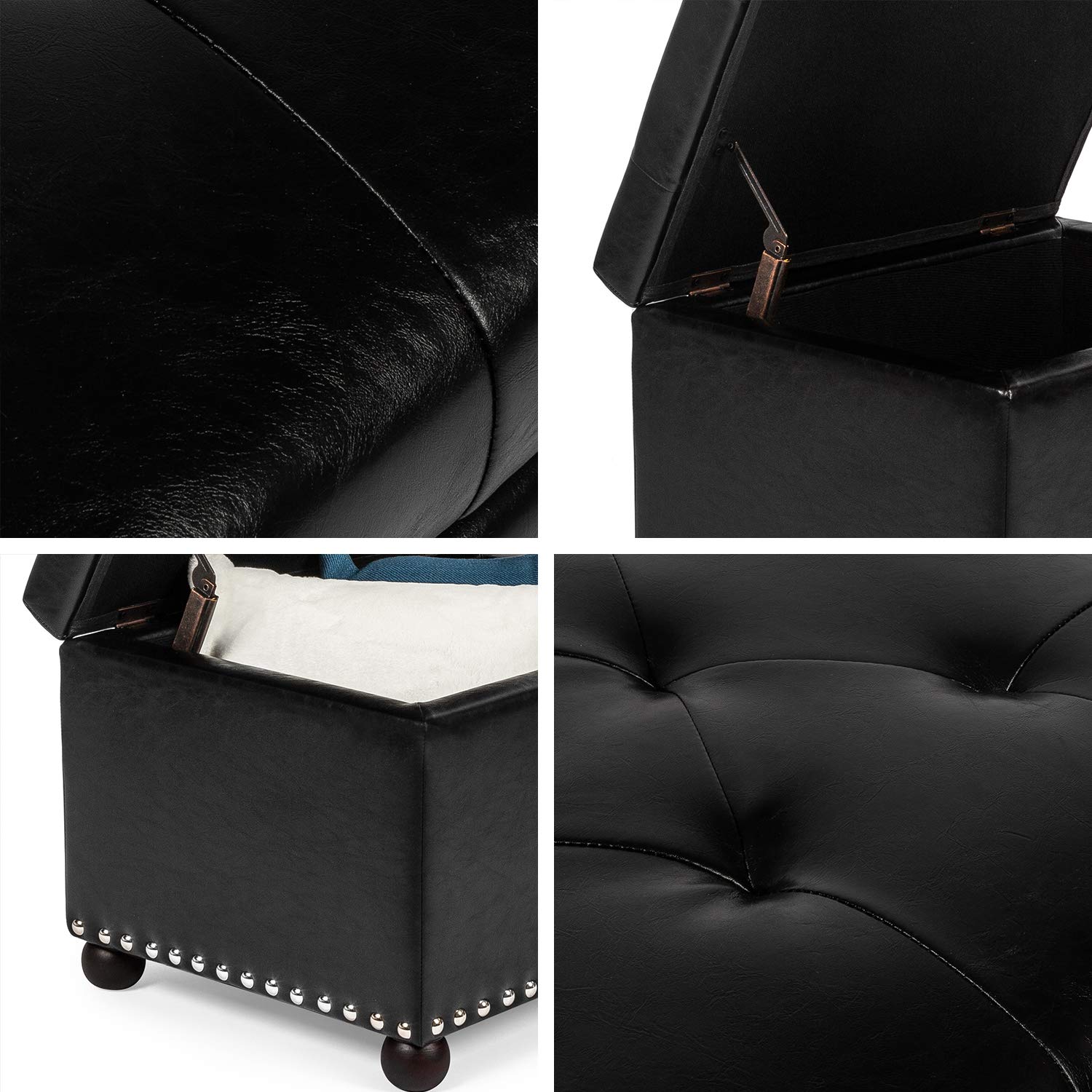 Black Rectangular Faux Leather Storage Ottoman with Nailhead Trim & Sturdy Wood Frame - Footrest, Coffee Table & Hidden Storage for Living Room, Bedroom or Office