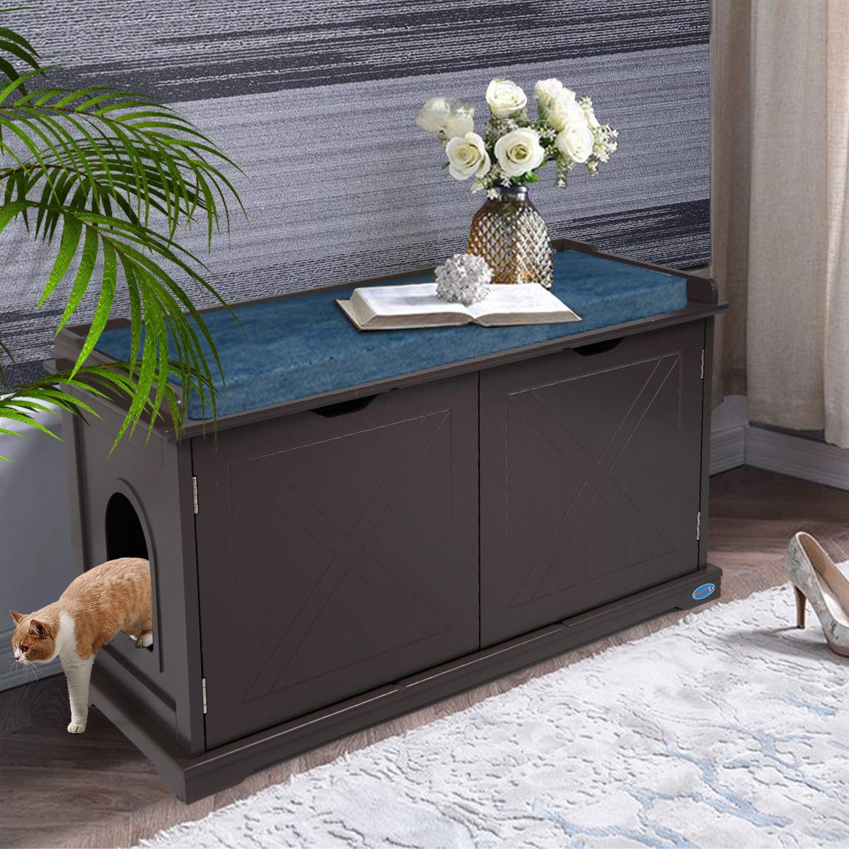 Multifunctional Wooden Cat Litter Box Furniture - Hidden Washroom Storage Bench Cabinet with Removable Panel & Spacious Interior (Brown) - Perfect for Small Spaces & Home Décor