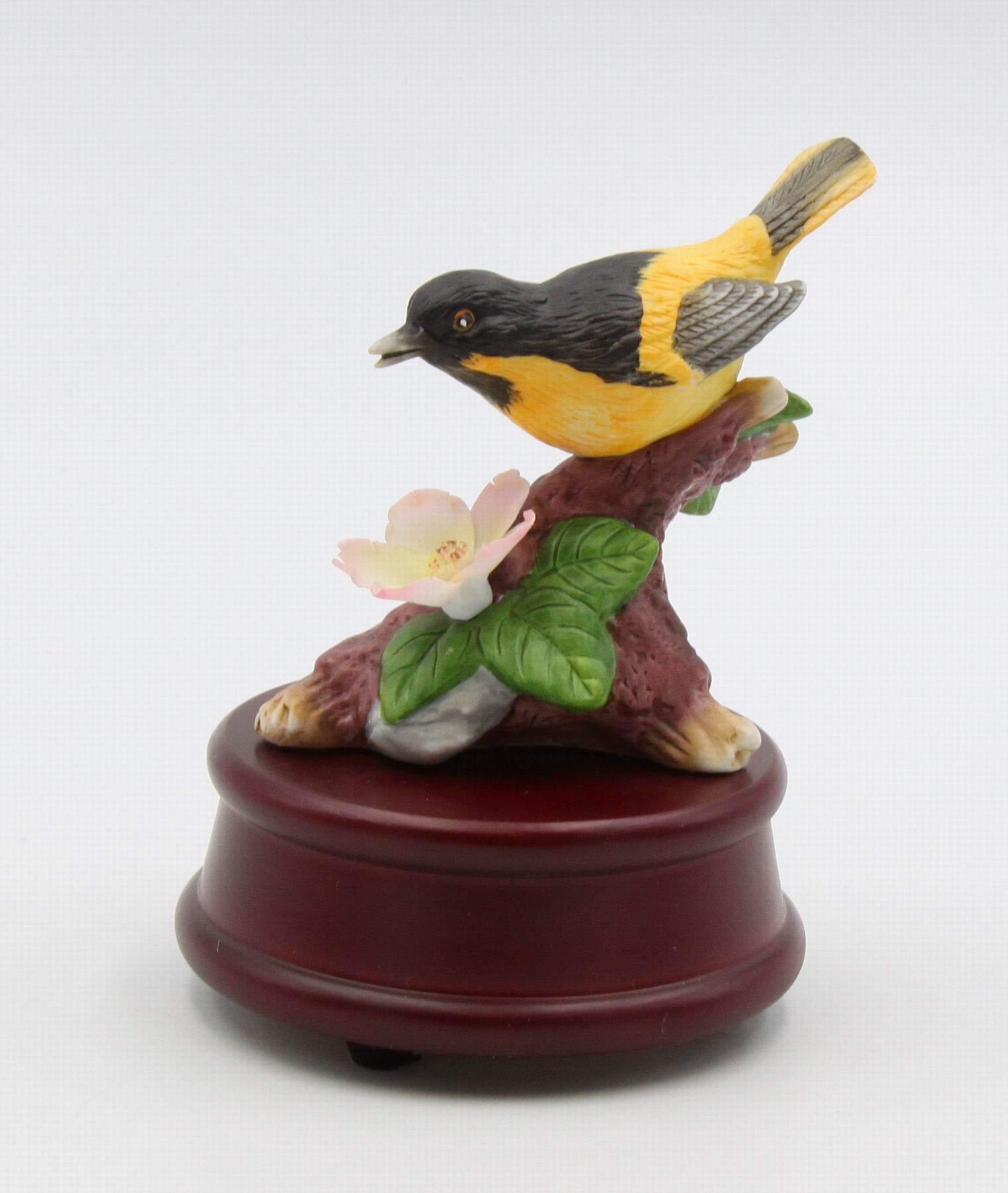 Exquisite Porcelain Oriole Bird Music Box with Apple Blossom Flowers on Wood Base - Plays 'Evergreen' Tune - 5 Inch Height - Perfect for Home Decor, Gift Giving & Collectibles