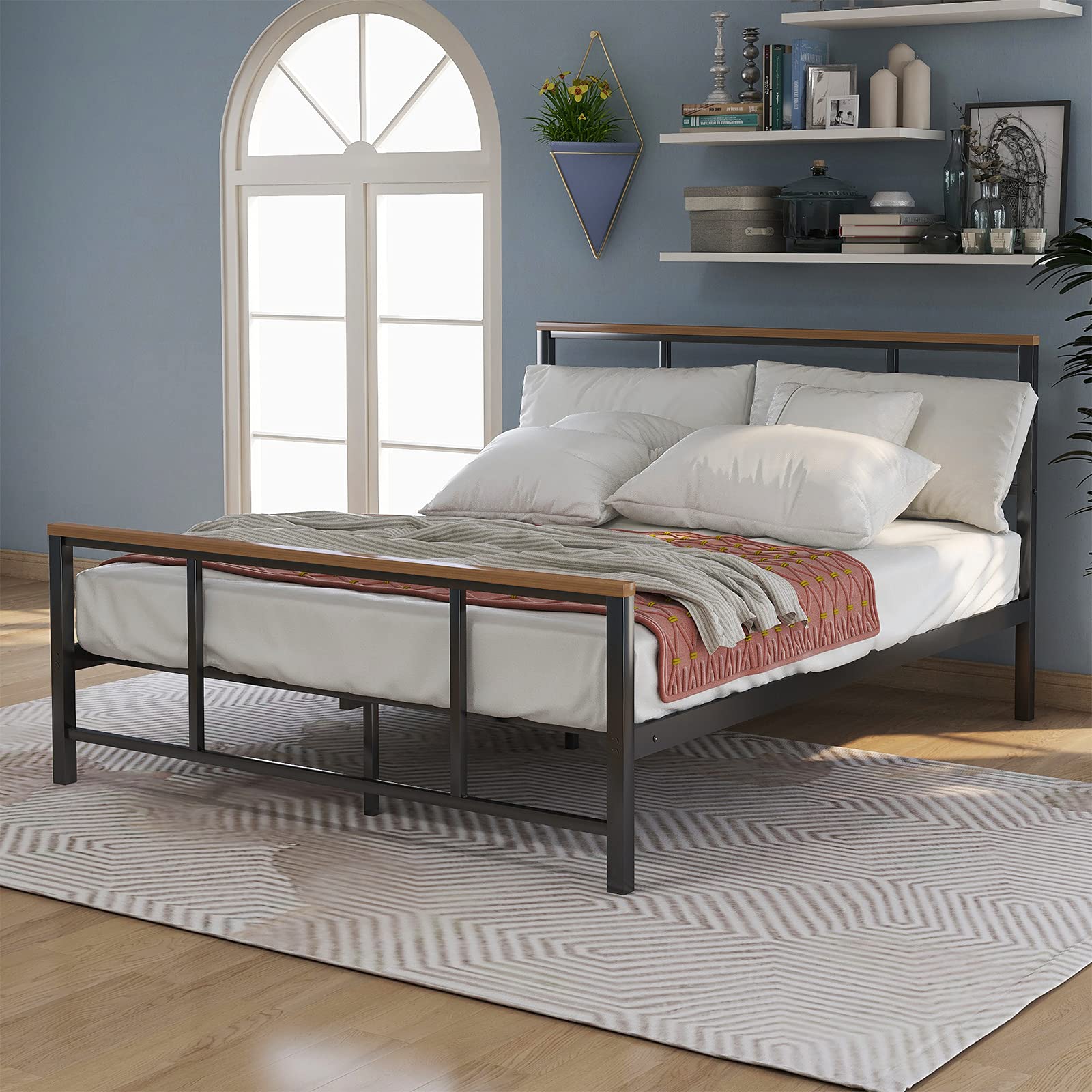 Metal Platform Bed Frame Twin Size with Wooden Headboard & Footboard - Sturdy No Box Spring Needed - Perfect for Living Room, Guest Room & Small Spaces