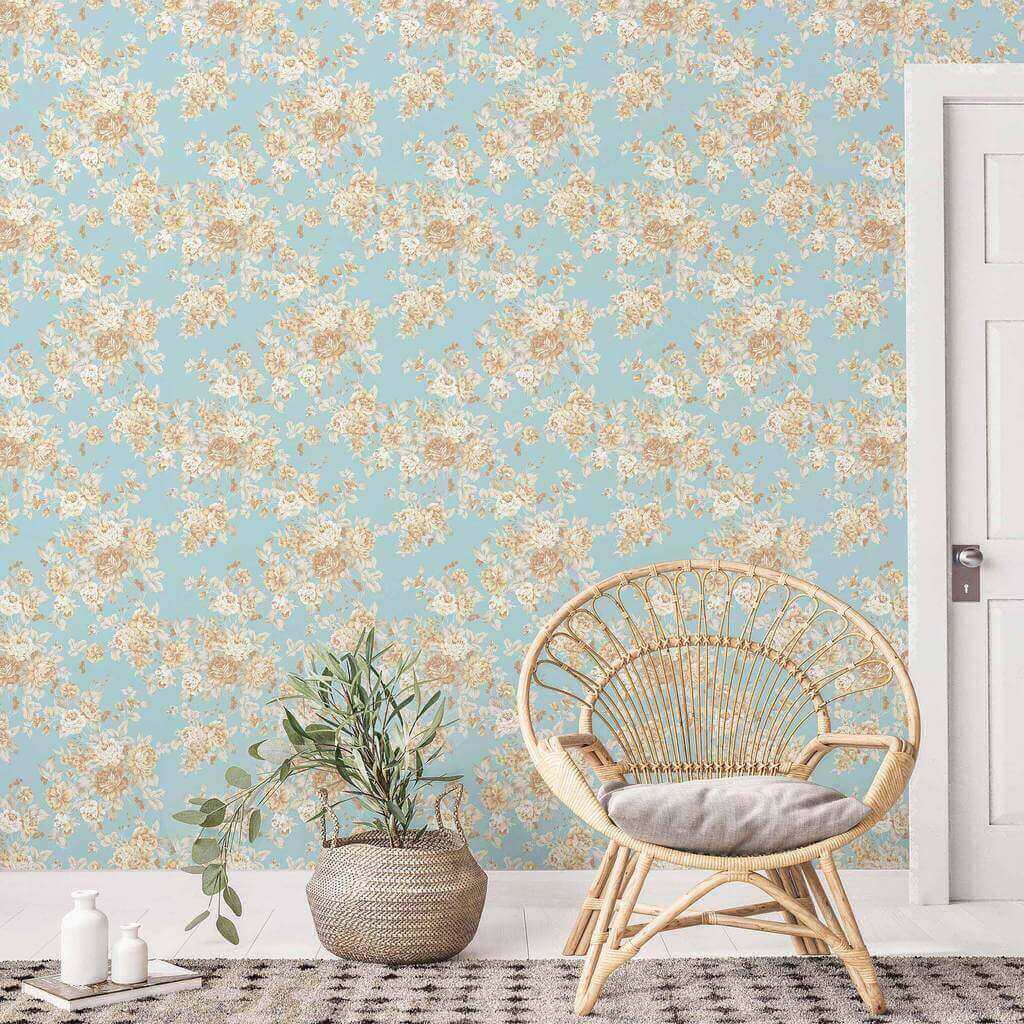 Blue Flowers Peel and Stick Removable Wallpaper 9348 - Self-Adhesive Decorative Wall Covering for Bedroom, Living Room, Nursery & Office Decor