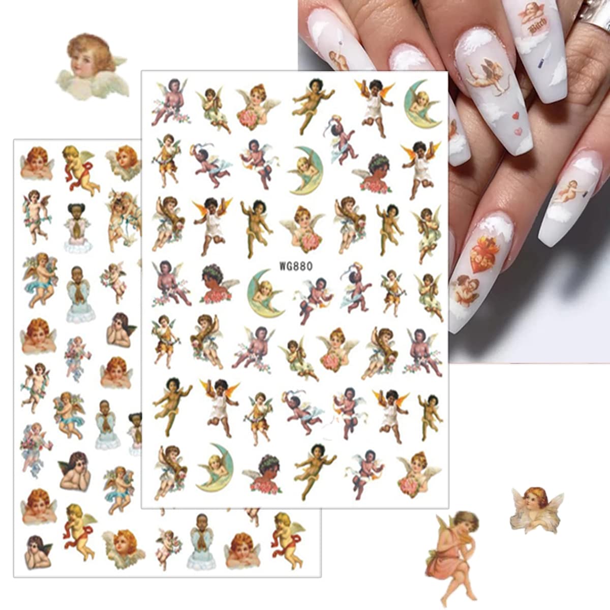 8 Sheets 3D Angel Nail Art Stickers - Self Adhesive Nail Decals with Cupid, Rose Flowers, Wings & Heart Designs for Women & Girls - Perfect for DIY Manicure, Nail Art Supplies & Party Decoration