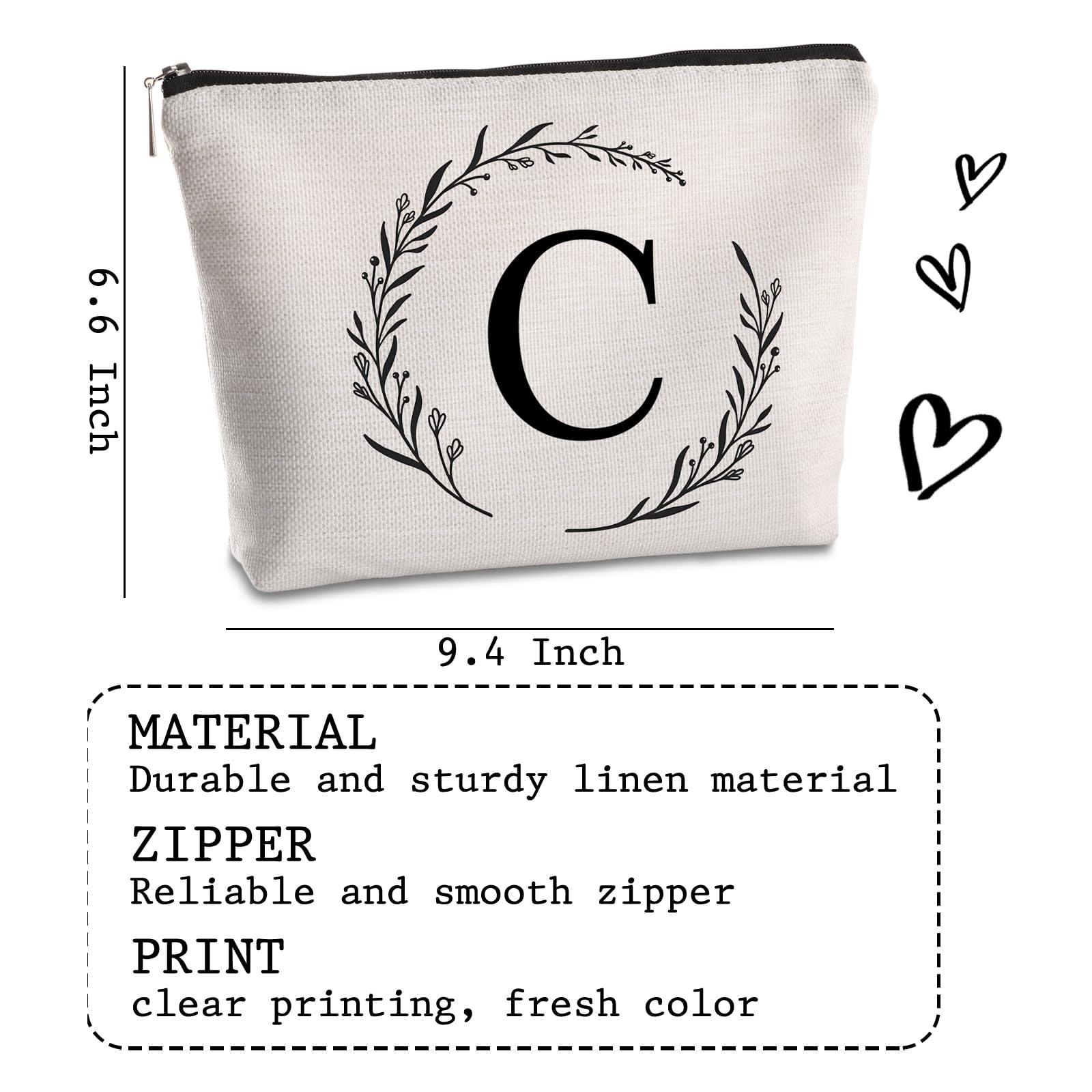 C Initial Personalized Travel Makeup Bag - Monogrammed Cosmetic Bag for Women, Mom, Best Friend, Bride & Bridesmaids - Perfect Birthday Gift for Travel, Weddings & Everyday Use