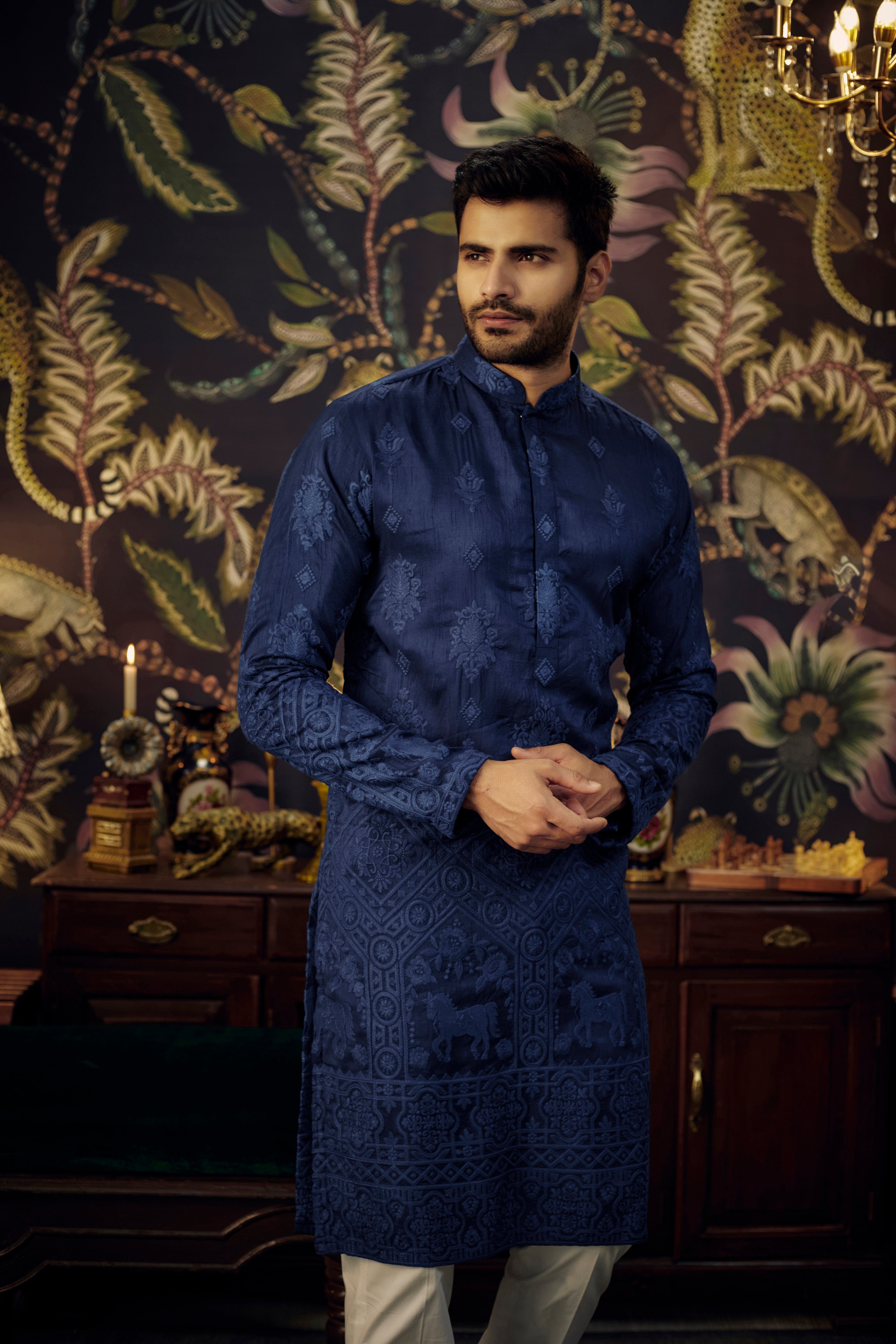 Elegant Navy Blue Embroidered Kurta with Intricate Horse Figures - Perfect for Festivals, Weddings & Ethnic Celebrations