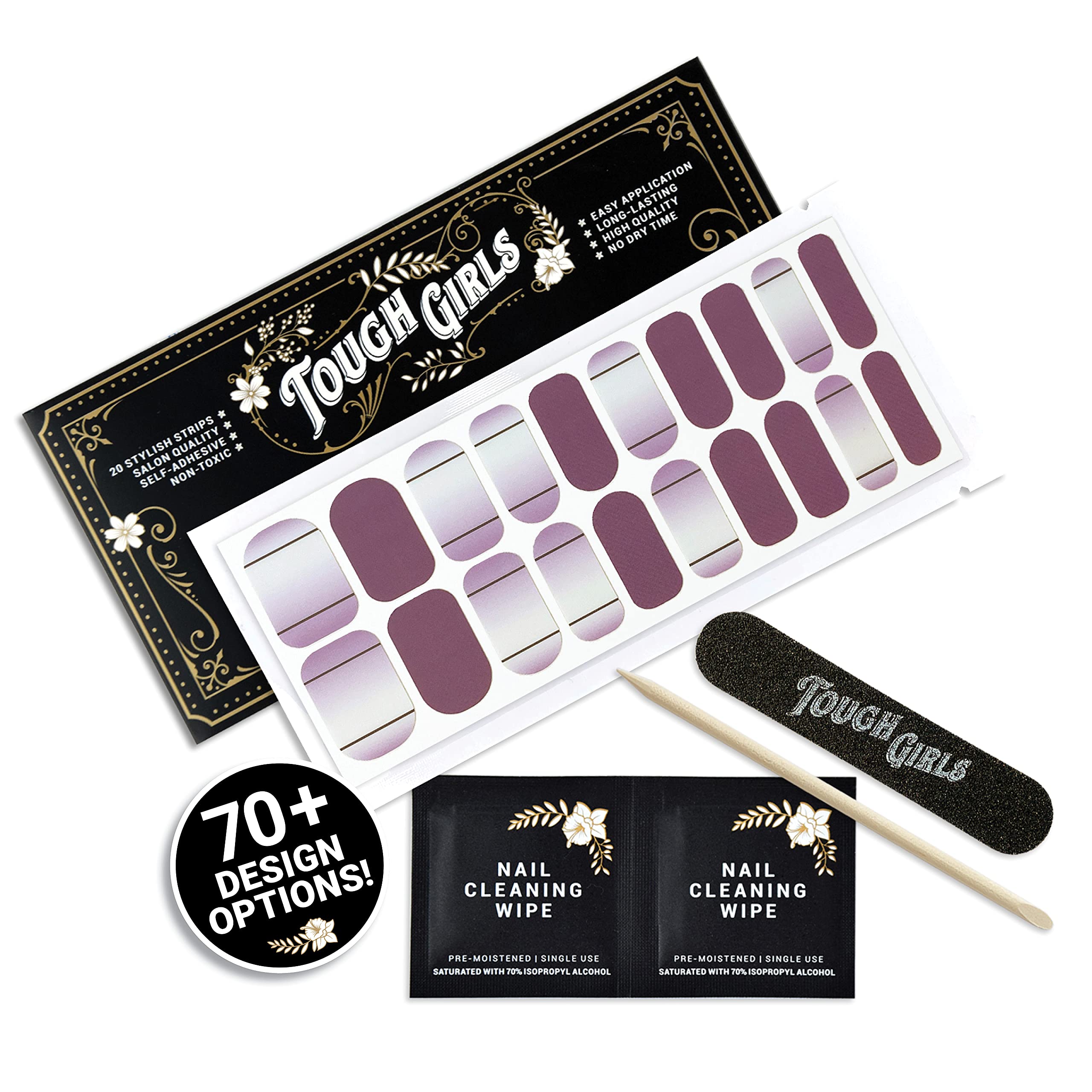 TOUGH GIRLS 20-Piece Premium Gel Nail Polish Strips Kit with Application Tools - No UV/LED Lamp Needed (Lilac Fade & Lines Design) for Salon-Quality Manicures at Home, Parties & Special Occasions