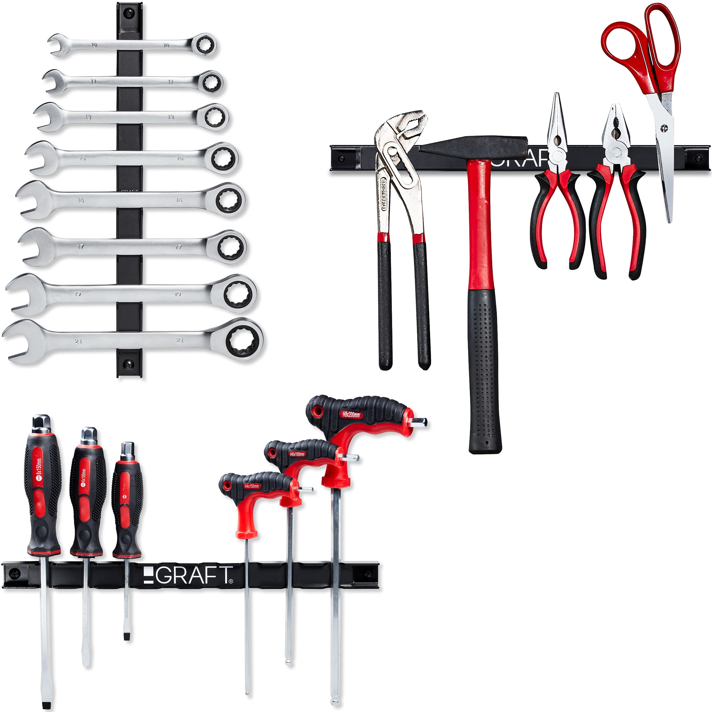 GRAFT Magnetic Tool Holder Set - 3 Pack Strong Magnetic Organizer for Wrenches, Spanners, Screwdrivers & General Tools - Perfect for Workshop Walls, Garage Storage & Toolbox Organization - Keep Your Tools Handy & Secure