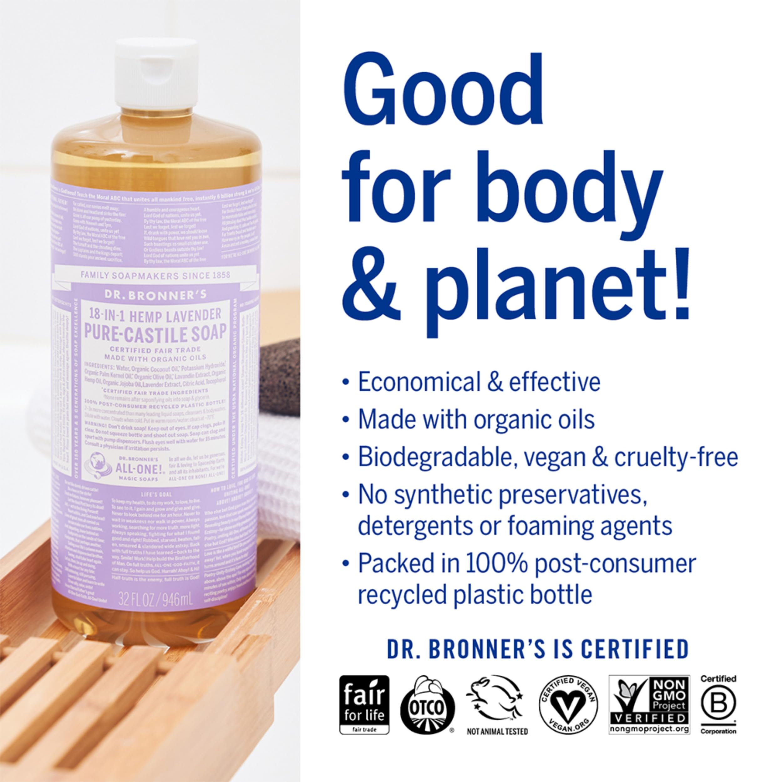 Dr. Bronner's Organic Lavender Pure-Castile Liquid Soap - 1 Gallon, 18-in-1 Uses for Face, Body, Hair, Laundry, Pets & Dishes | Concentrated, Vegan, Non-GMO, Made with Organic Oils | Perfect for Home, Travel & Eco-Friendly Cleaning