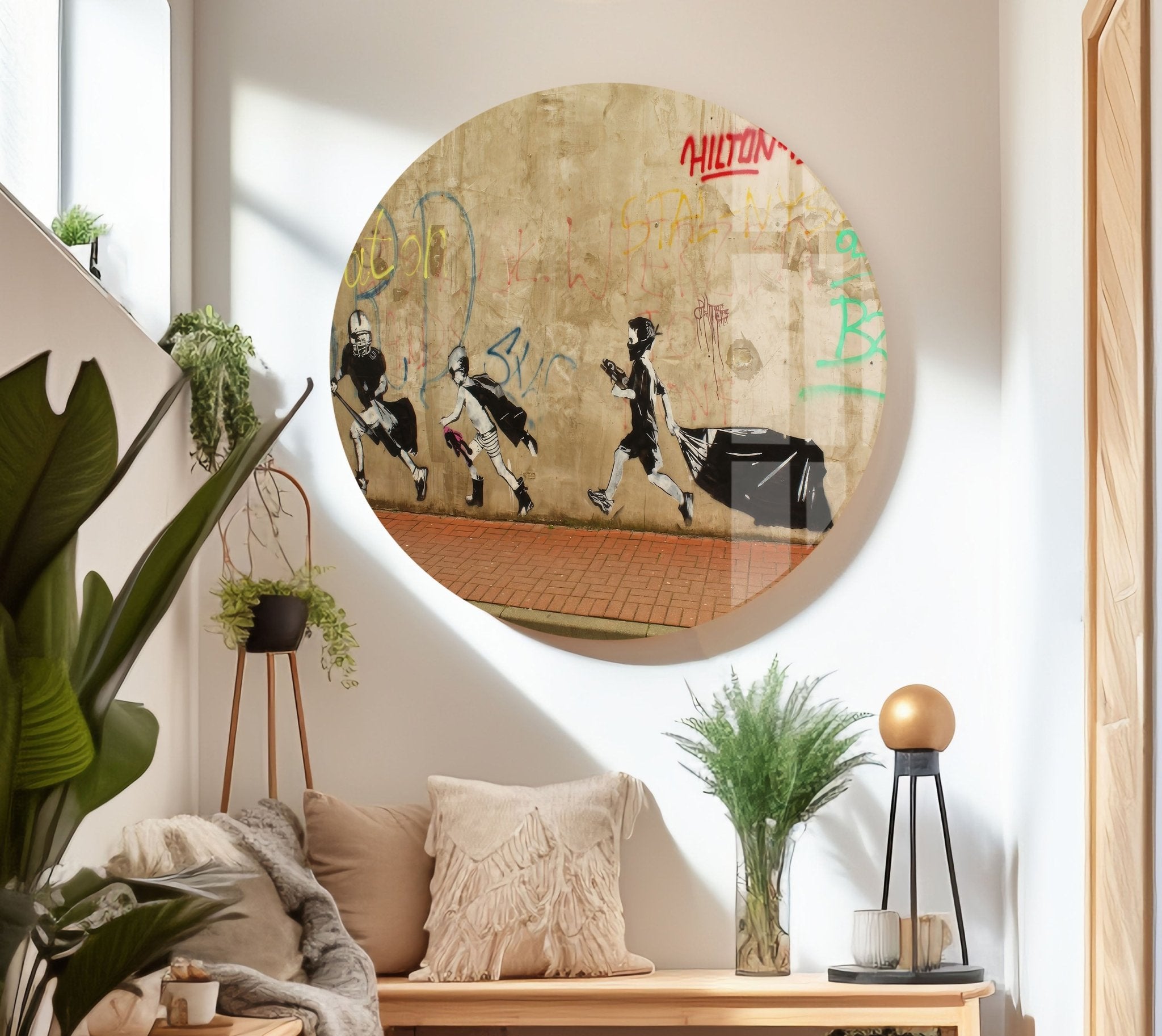 Banksy Boys Heroes Glass Wall Art - Modern Street Art Decor for Living Room, Bedroom & Office - Unique Gift for Art Lovers