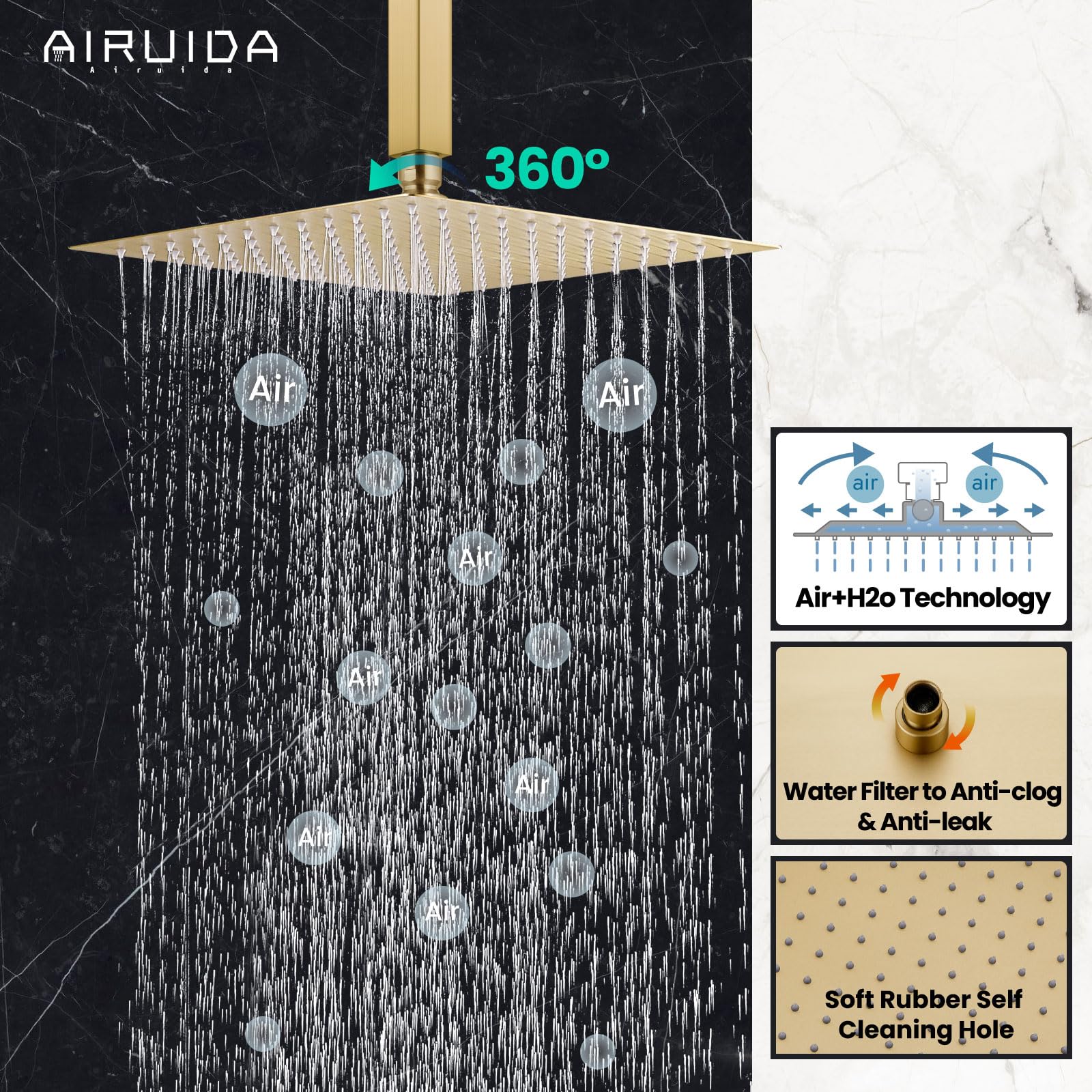 Airuida Brushed Gold Ceiling Mount Rainfall Shower System - 10 Inch Square Shower Head with Single Function Trim Kit, Male Threads & Rough-in Valve | Perfect for Modern Bathroom Renovations & Spa-Like Shower Experience