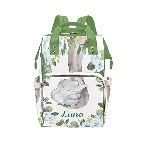 Waterproof Elephant Print Green Diaper Backpack for Moms - Baby Nappy Nursing Bag with Name Tag, Tote Gift for Women | Perfect for Travel, Shopping & Daily Baby Care