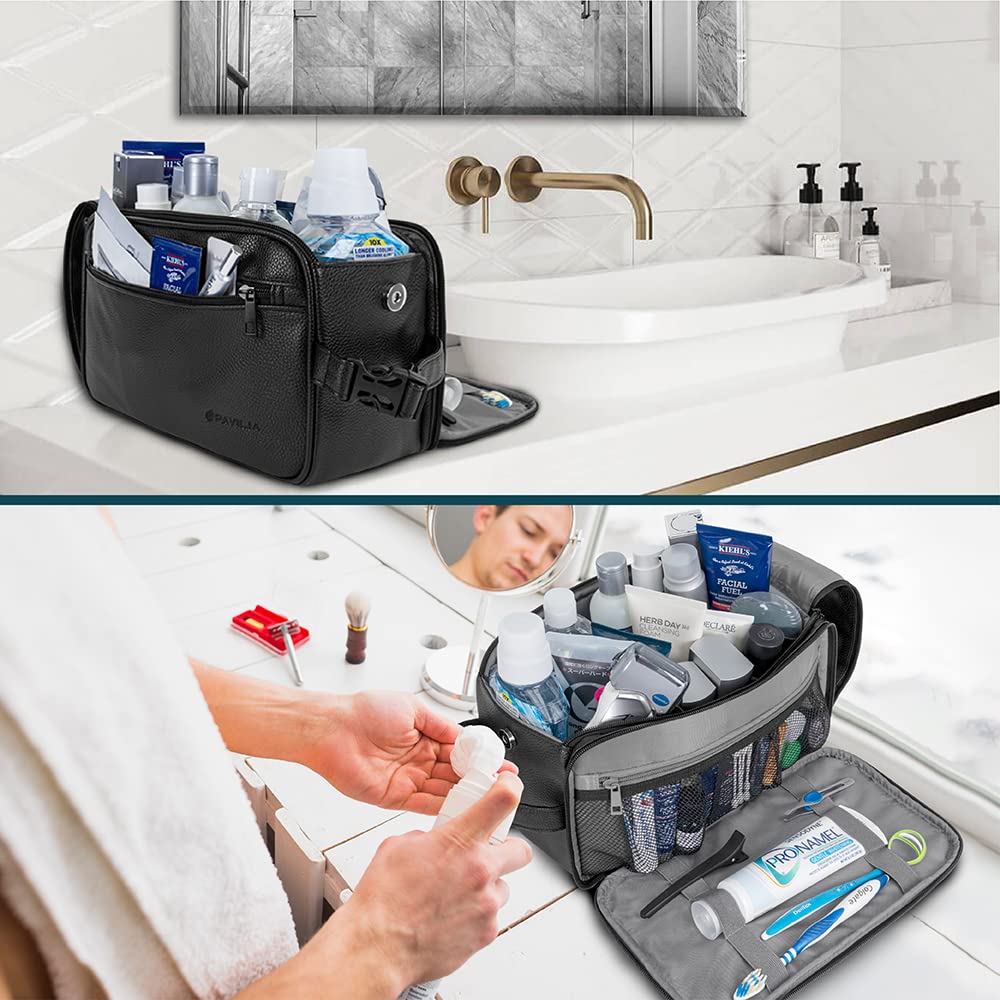 PAVILIA Men's Travel Toiletry Bag - XL Water Resistant PU Leather Dopp Kit for Shaving & Grooming Essentials | Perfect Cosmetic Organizer Case for Business Trips, Camping & Vacation (Black)