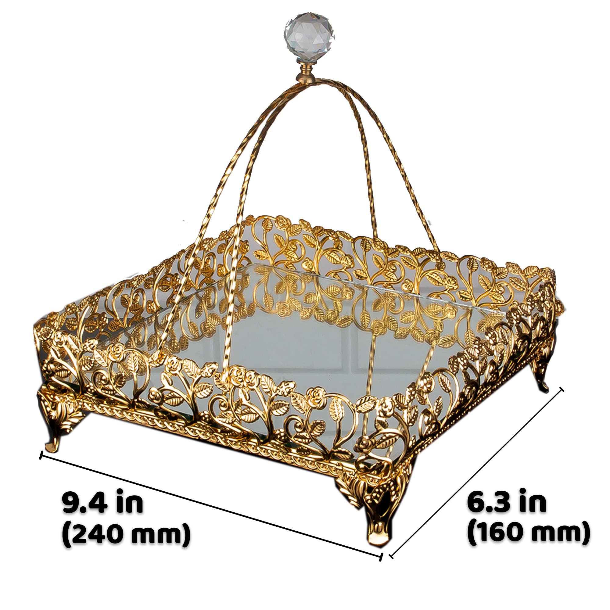 Handcrafted Gold Metal Filigree Mirror Tray - Small Square Vanity Organizer for Perfume, Jewelry & Makeup | Elegant Bathroom & Dresser Decor, Perfect Gift for Women