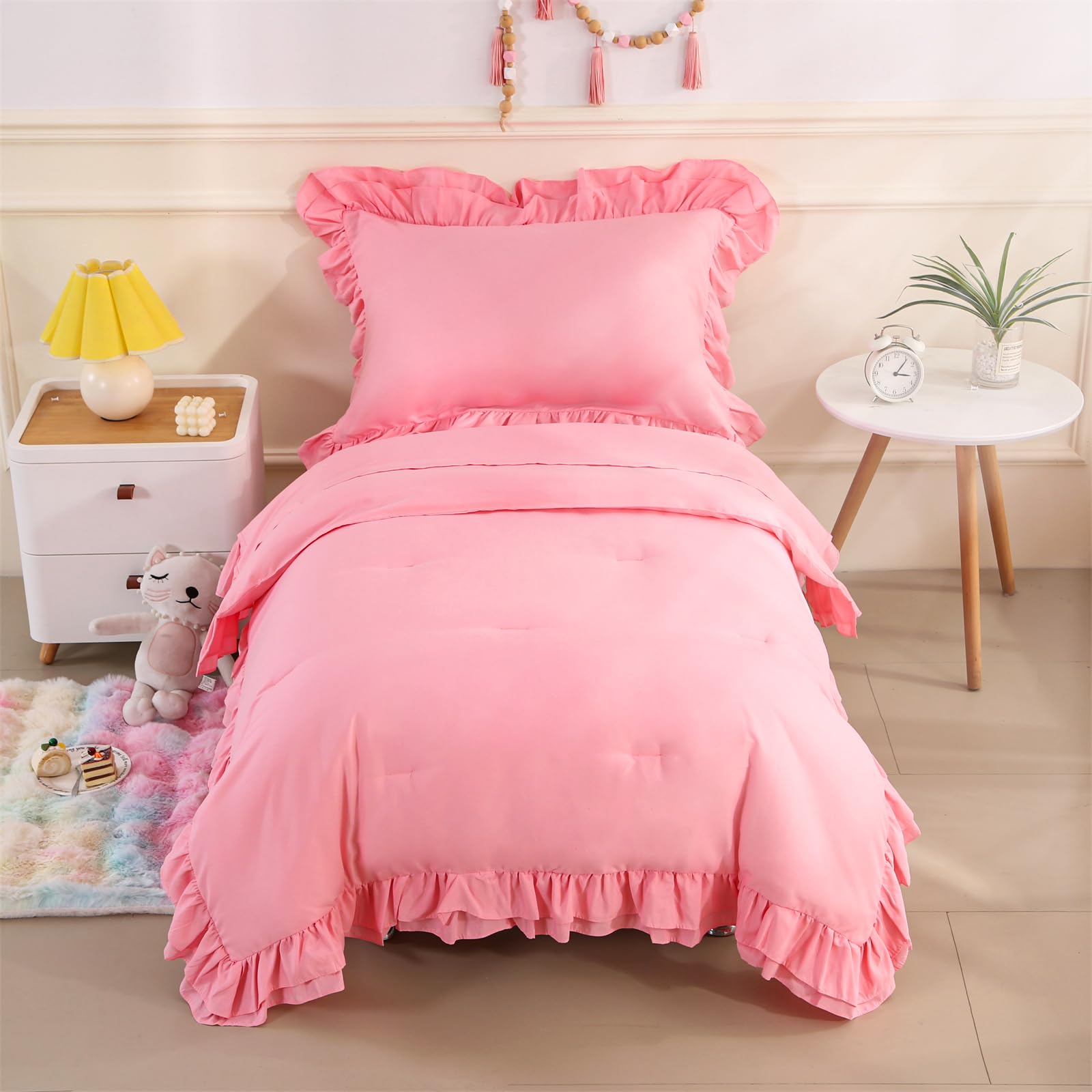 Wowelife 4-Piece Boho Toddler Bedding Set for Girls - Pink Ruffle Tufted Fringe Jacquard Comforter, Flat Sheet, Fitted Sheet & Pillowcase | Soft & Cozy Nursery Bed in a Bag | Perfect for Toddler Beds, Daycare or Sleepovers