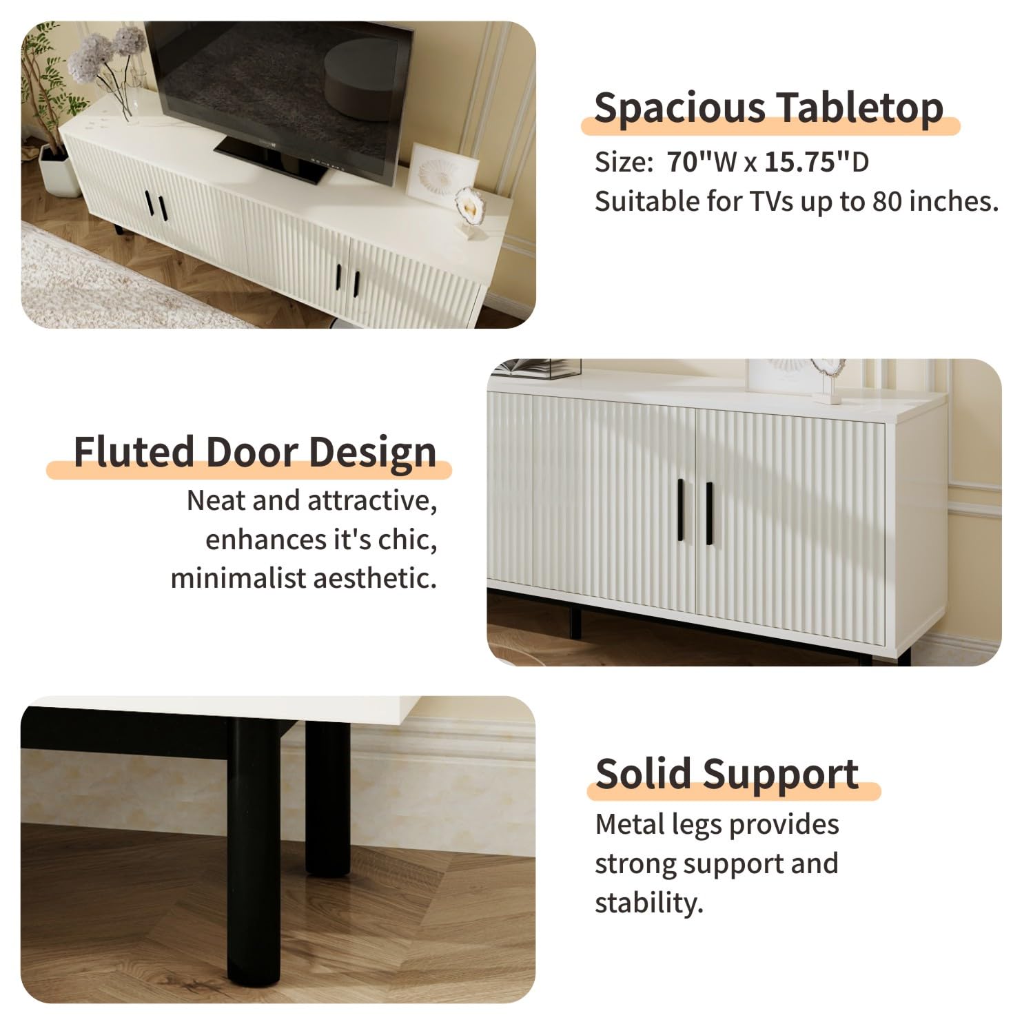 Modern Fluted-Door TV Stand for 80 Inch TVs - Entertainment Center with Storage & Adjustable Shelves - 70