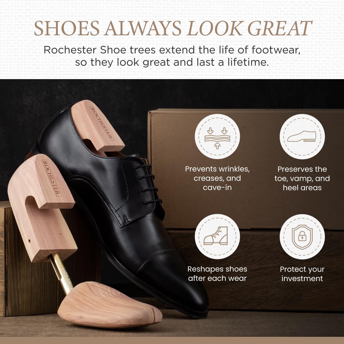 Premium Cedar Wood Shoe Trees for Men - Rochester Shoe Care Accessories - Keep Dress Shoes & Boots Fresh & Odor-Free - Perfect for Formal Wear & Office Use