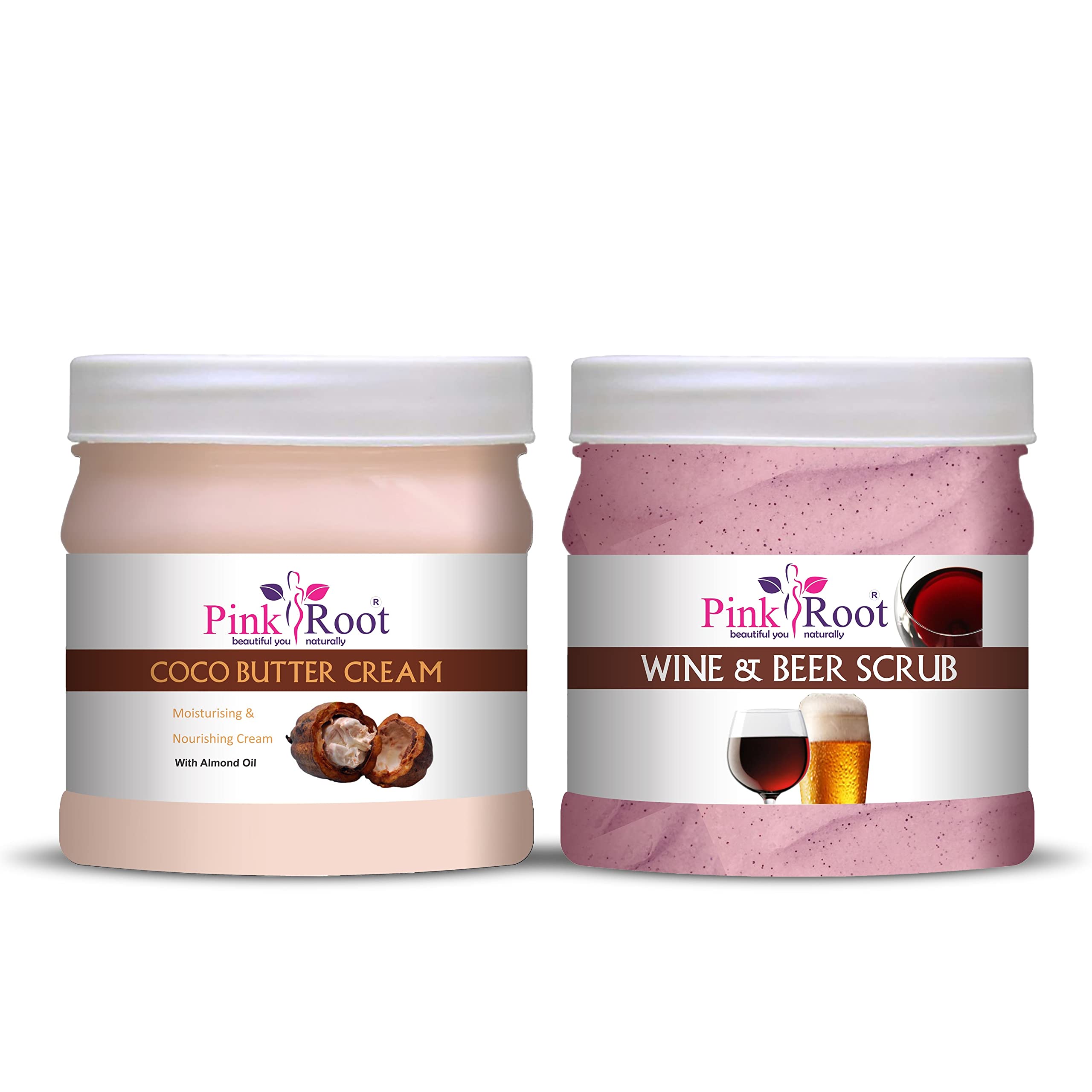 Organic Pink Root Cocoa Butter Cream 500g + Wine & Beer Scrub 500g Set - Natural Skin Moisturizer & Exfoliator for Dry Skin, Body Care Gift Set for Women & Men - Perfect for Spa Day, Self-Care Routine & Holiday Gifting