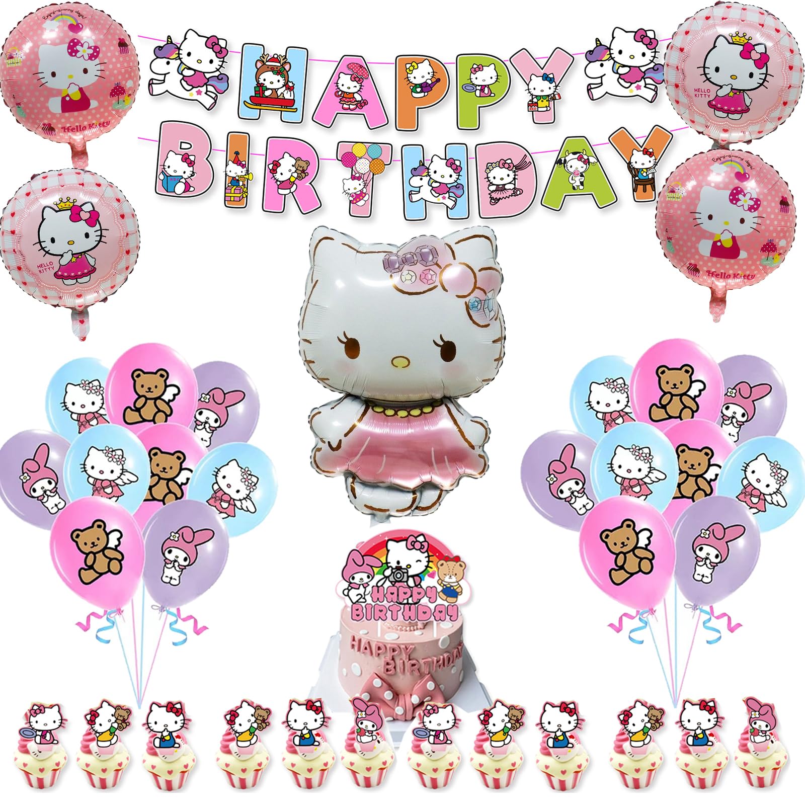 Kawaii Birthday Party Decorations Set - 37Pc Cute Cartoon Anime Cake Toppers, Cupcake Toppers, Latex & Foil Balloons, Banner | Perfect for Kawaii Themed Parties, Baby Showers & Anime Birthday Celebrations