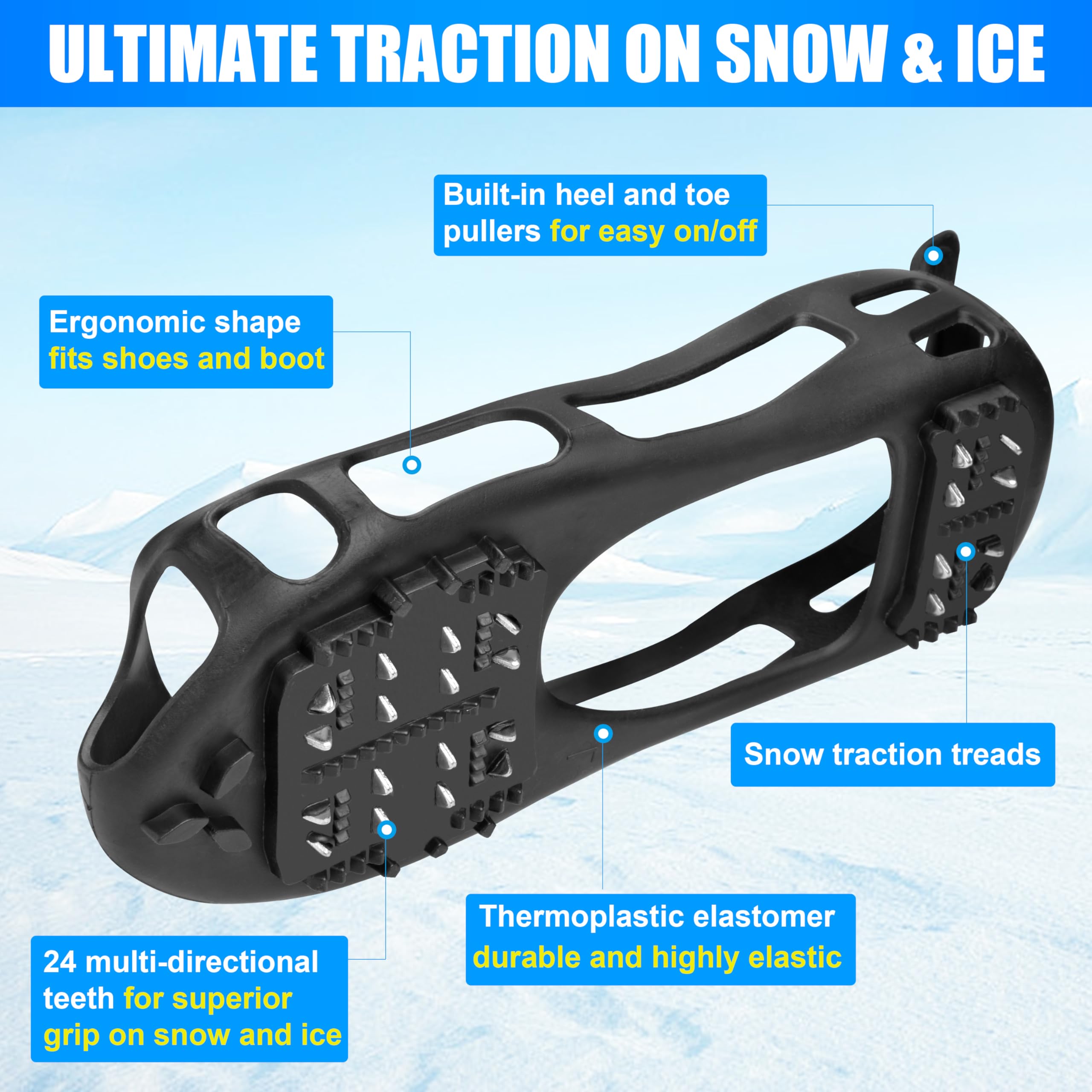 Ice Cleats for Shoes & Boots - Non-Slip Snow Traction Crampons with 24 Studs for Men & Women - Anti-Slip Shoe Grippers for Winter Walking on Ice & Snow - Perfect for Hiking, Running & Outdoor Activities in Cold Weather