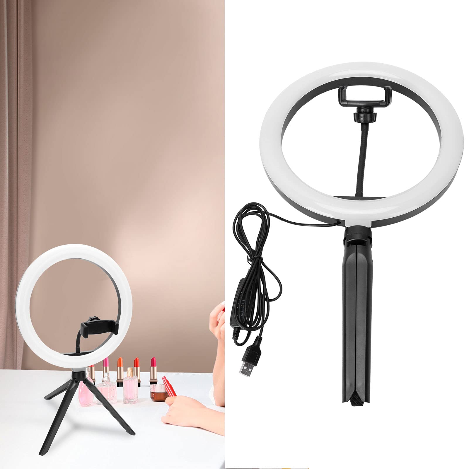 Dimmable LED Circle Light - 10 Brightness Levels, Makeup Lamp with Phone Holder for Vanity, Selfie & Video Lighting - Perfect for Makeup Application, Content Creation & Home Office Desk Lighting