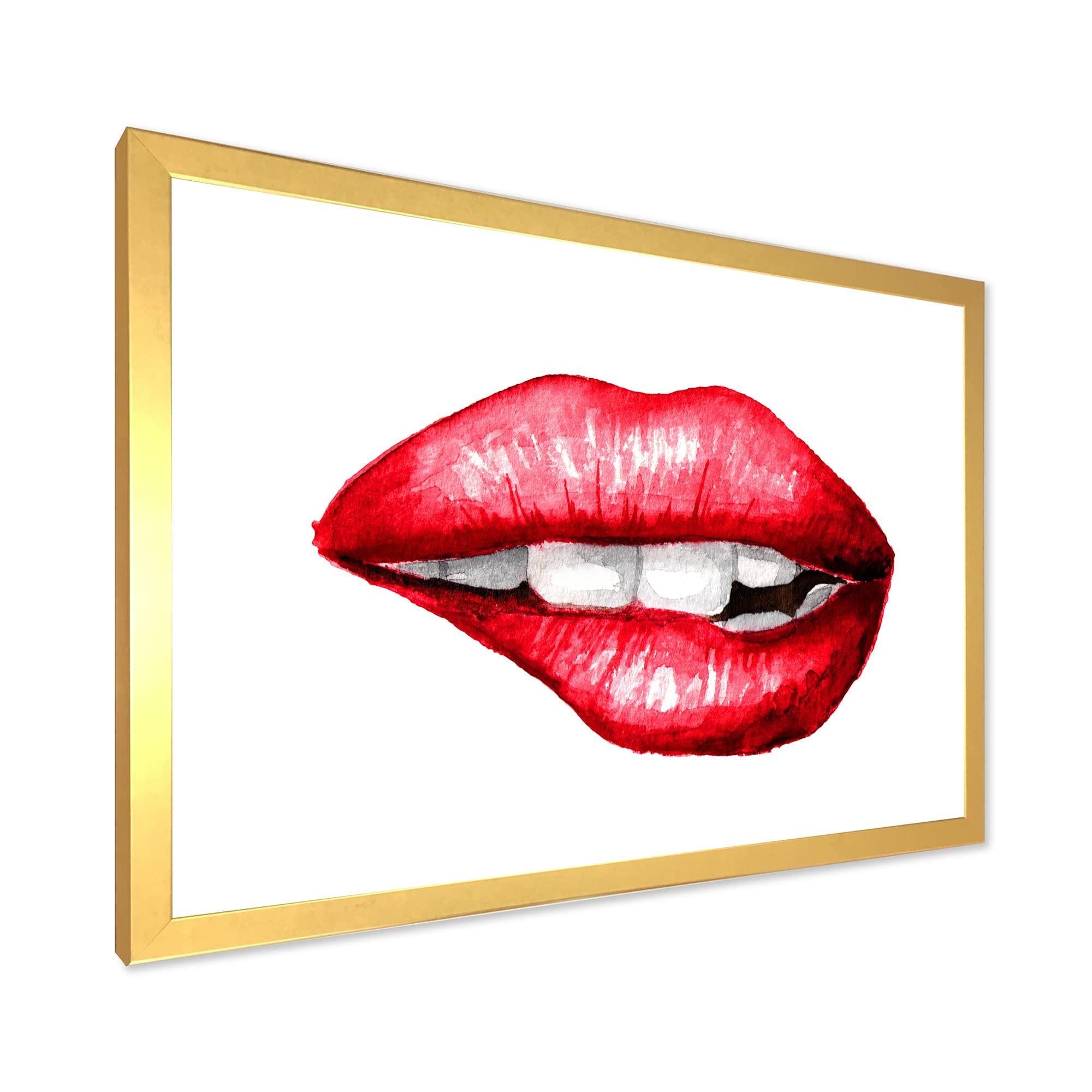 DesignQ Modern Framed Wall Art - Sexy Plump Puffy Woman Lips Biting Painting for Bedroom & Living Room Decor