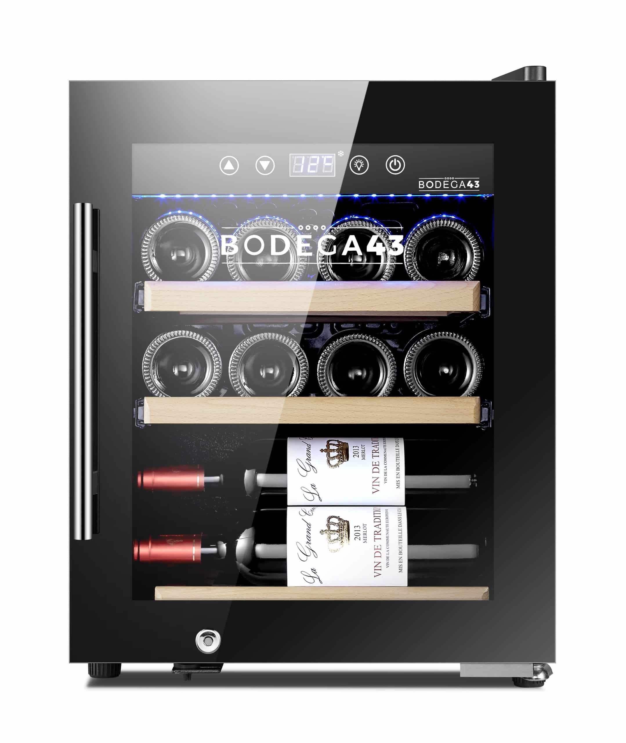 BODEGA43-12C 12 Bottle Wine Cooler Refrigerator - 33L Capacity, 5-20°C Temperature Range, Single Zone, Ultra Quiet 41dB, Compressor Cooling System with 3 Beechwood Shelves - Perfect for Home Bars, Kitchen Countertops, and Small Spaces