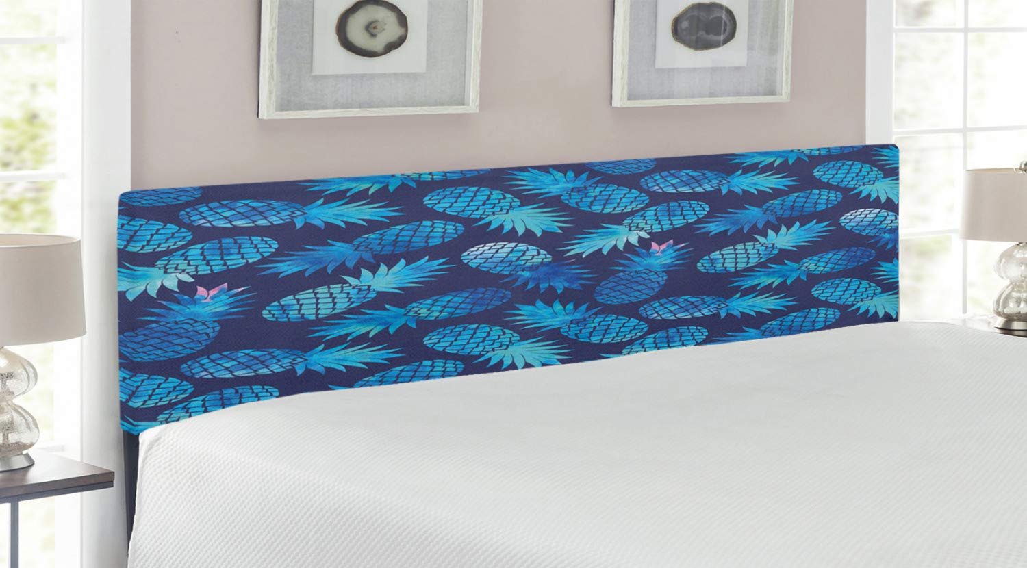 Ambesonne Modern Upholstered Headboard with Pineapple Pattern - King Size Watercolor Exotic Fruit Design in Night Blue Turquoise, Memory Foam Bed Headboard for Bedroom Decor | Perfect for Master Bedroom, Guest Room & Home Staging
