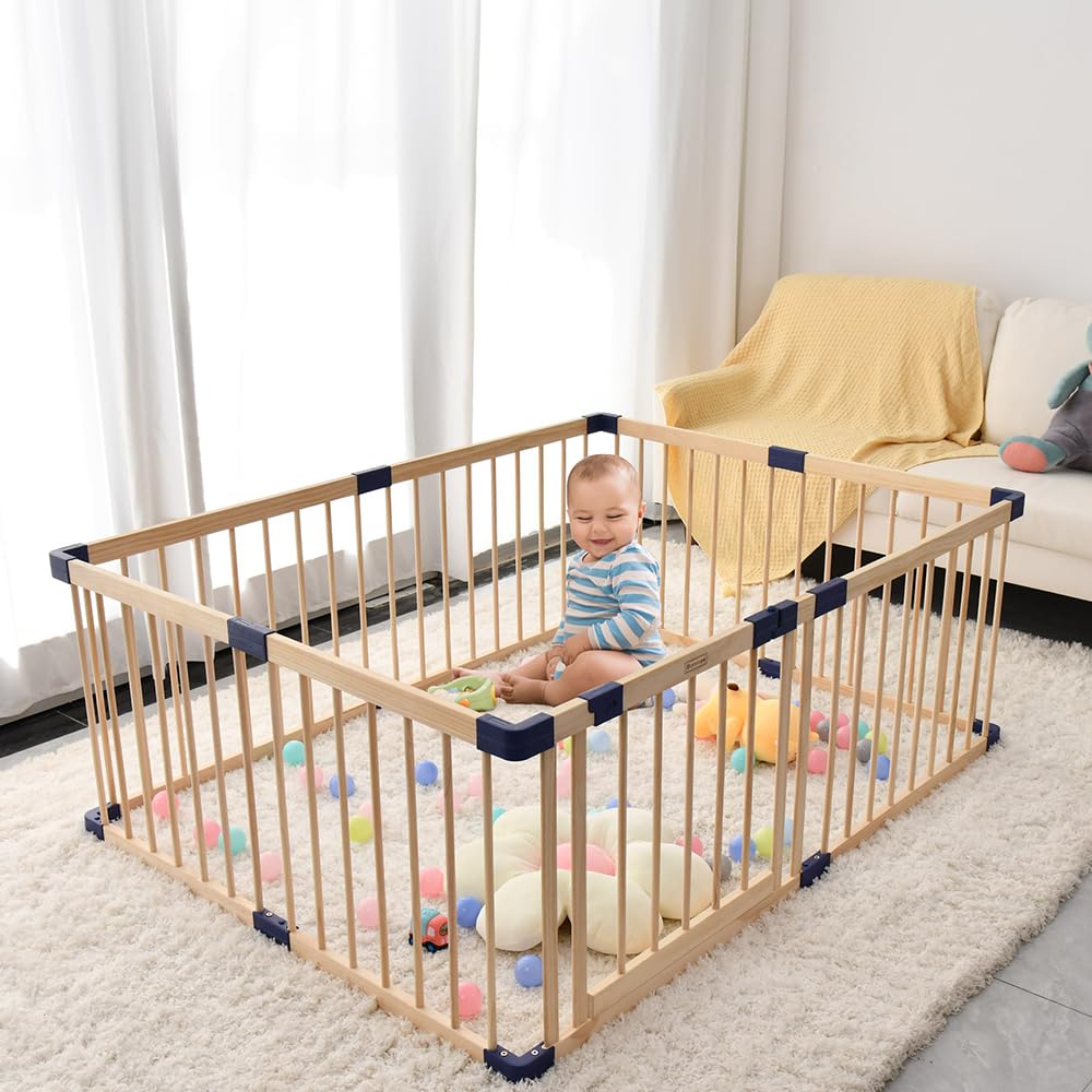 **Wooden Baby Playpen for Babies & Toddlers - 63x71x24 Inch Safe Play Yard with 31 Sq. Ft Area - Ideal for Indoor & Outdoor Play, Nursery, and Childproofing**