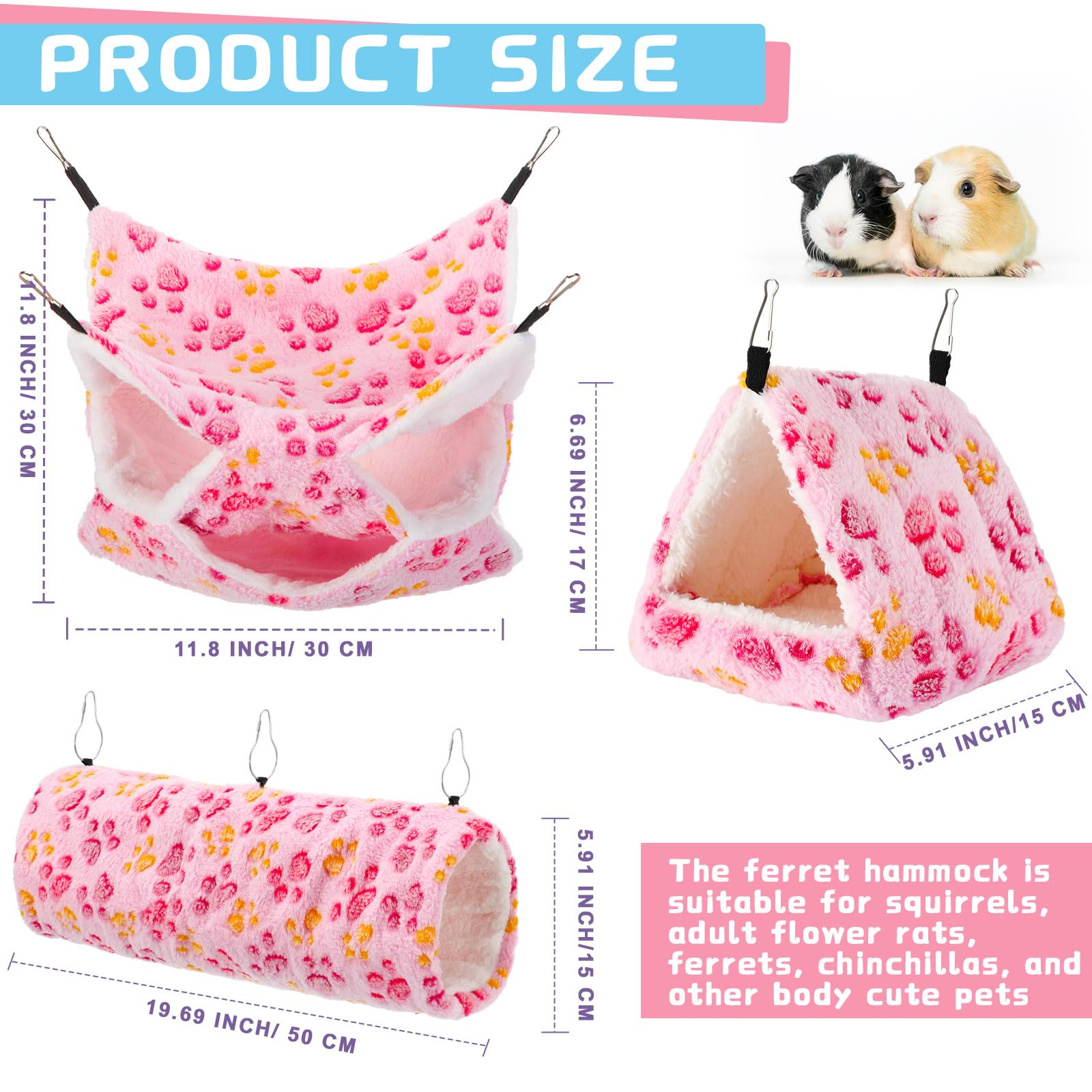9-Piece Rat Hammock Set for Guinea Pigs & Ferrets - Small Pet Hanging Tunnel, Glider Toy & Hideout Bed Cage Accessories for Hamsters (Purple, Pink, Rose Red, Paw Print) - Perfect for Small Animal Playtime & Cage Enrichment