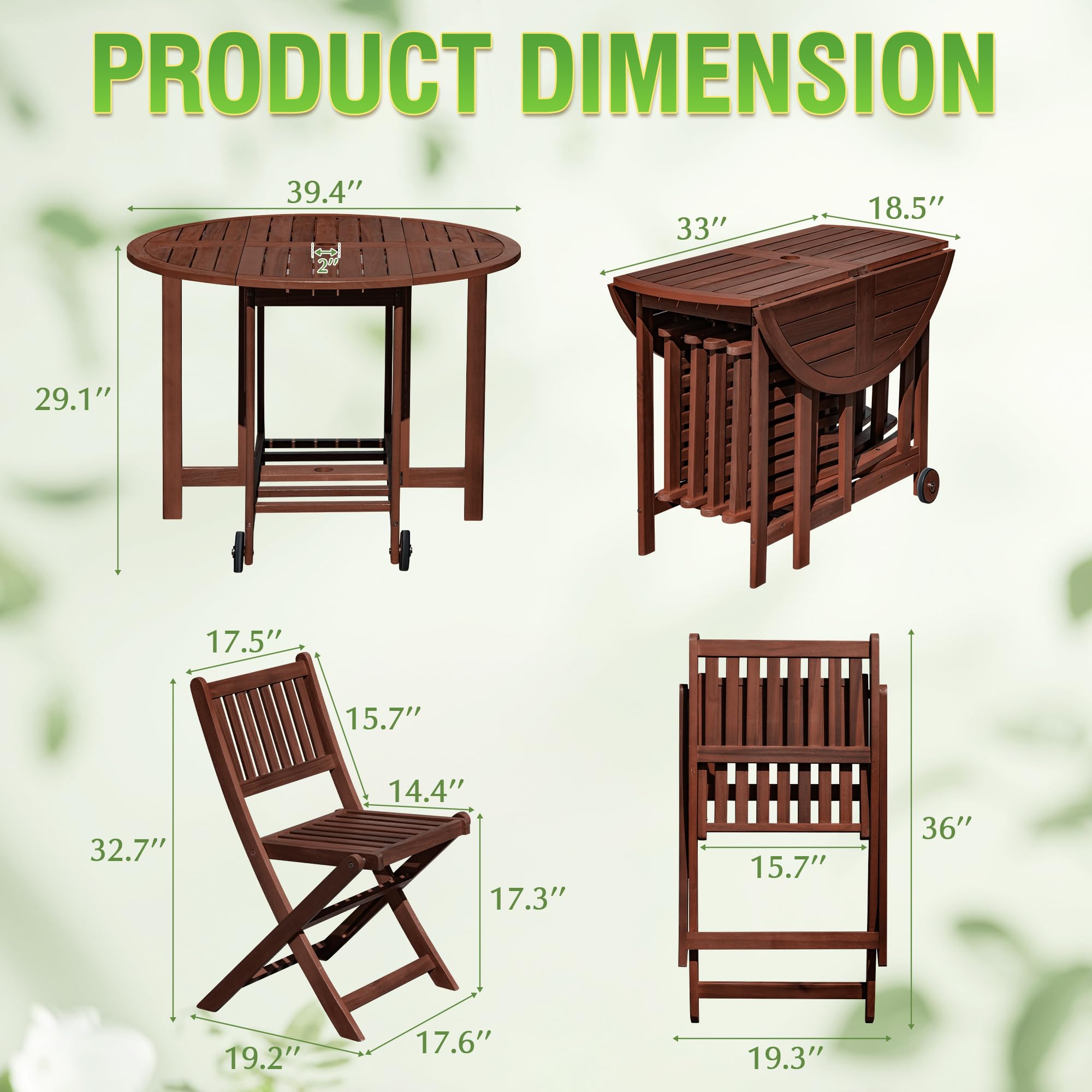 Greesum 5-Piece Outdoor Dining Set - Acacia Wood Patio Furniture with Folding Round Table & Chairs - All-Weather Backyard, Balcony, Porch, Deck & Garden Furniture Set (Dark Brown) - Perfect for Outdoor Entertaining, Family Gatherings & Relaxing in Your Garden