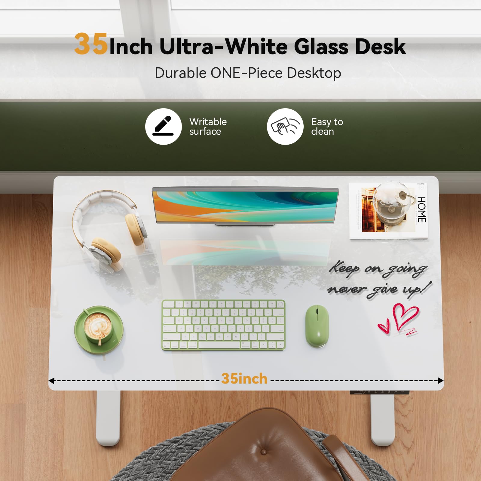 Adjustable Height Glass Standing Desk with Drawer - 35x20 Inch Electric Sit Stand Computer Desk with Wheels, White | Perfect for Home Office, Small Spaces & Ergonomic Workspaces