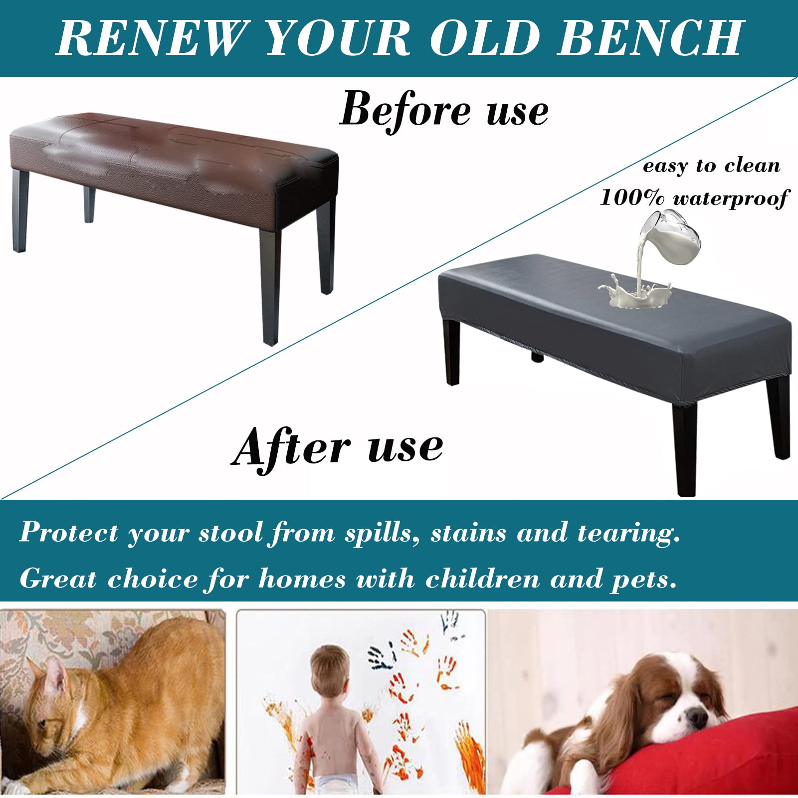 Waterproof PU Dining Bench Covers - Stretchable, Washable & Removable Slipcovers for Kitchen, Living Room & Bedroom - Perfect for Home, Restaurant & Office Use (Gray)