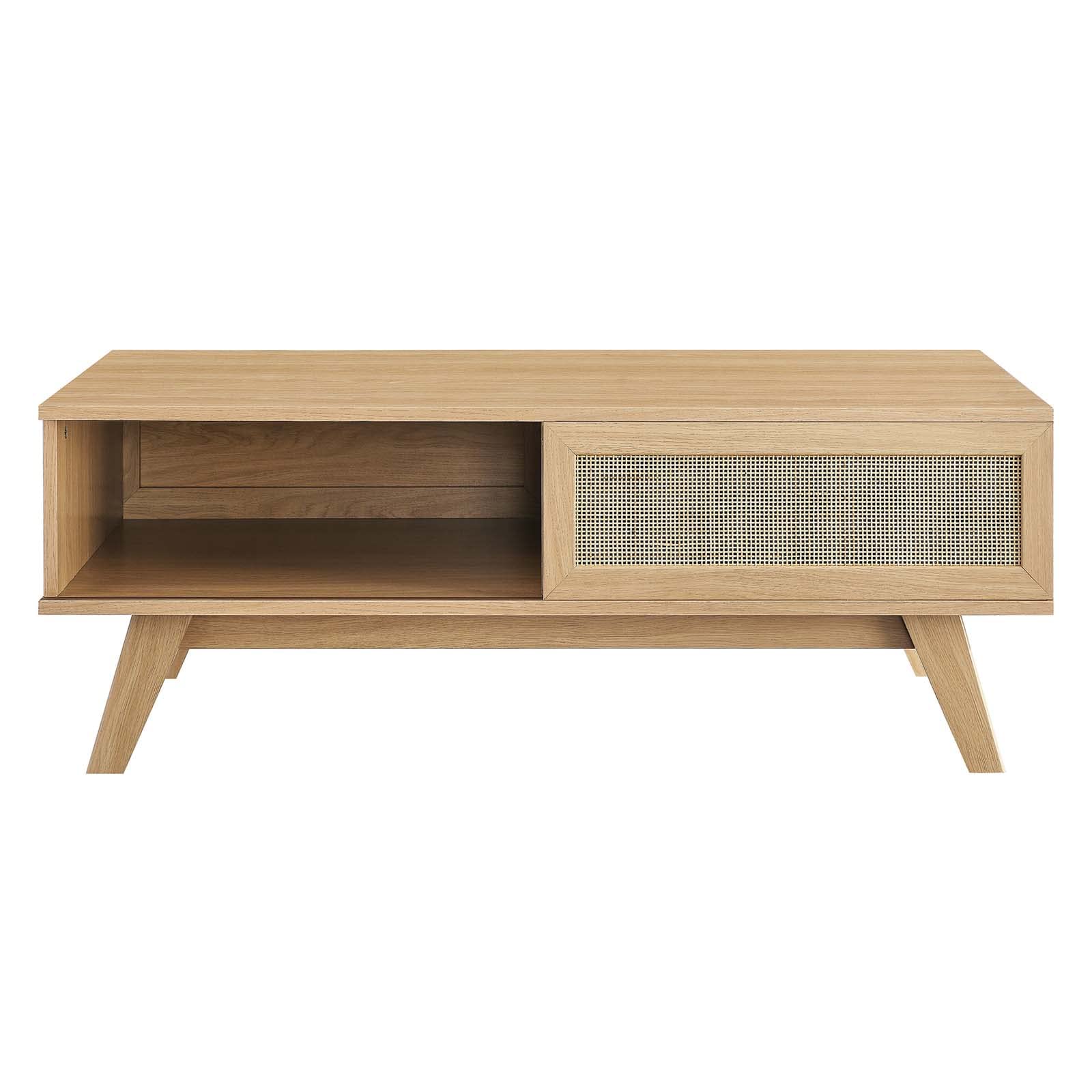 Modway Soma Modern Rattan Coffee Table - 43 Inch Oak Wood Round Accent Table for Living Room, Patio & Outdoor Decor