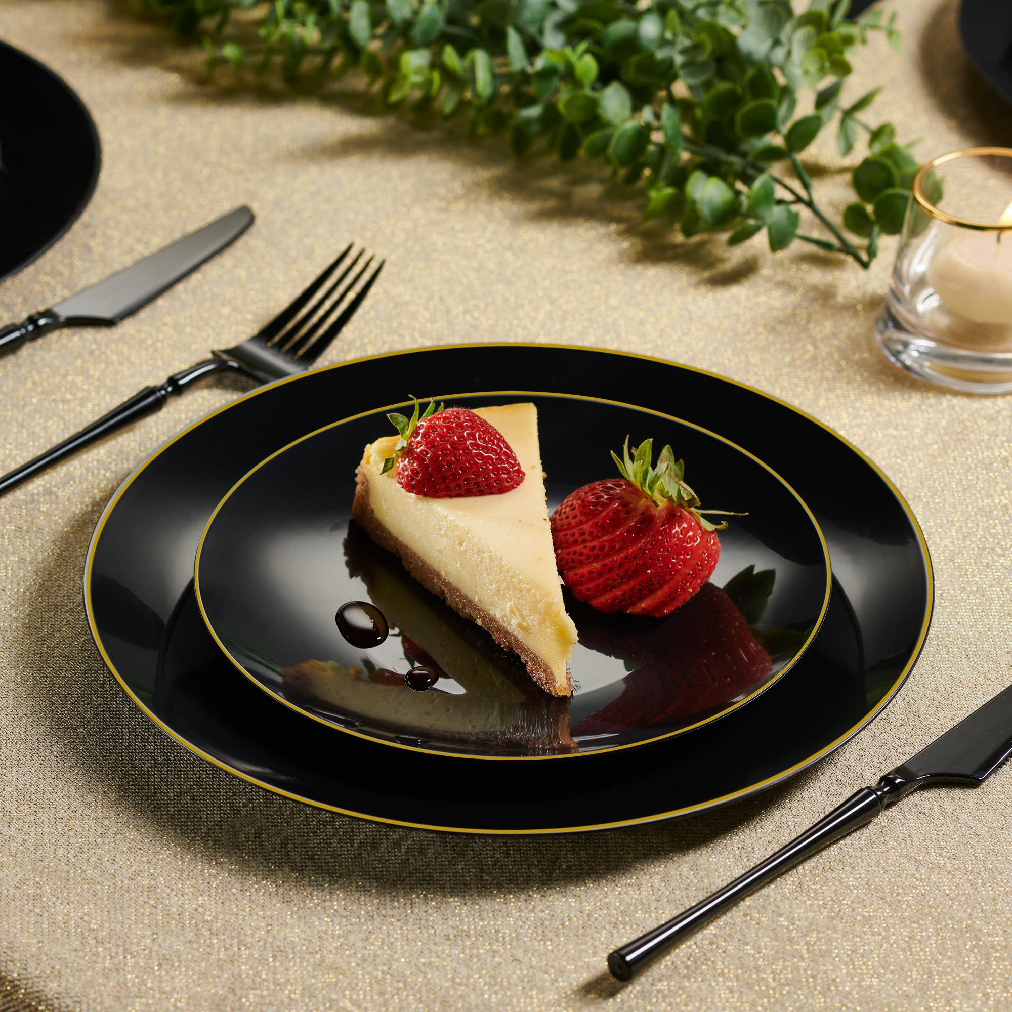 PLASTICPRO 32-Piece Combo Plate Set - 16x7'' Appetizer Plates & 16x10'' Dinner Plates - Elegant Black Plastic with Gold Rim Design - Heavyweight Disposable Party Tableware for Weddings, Catering & Outdoor Events