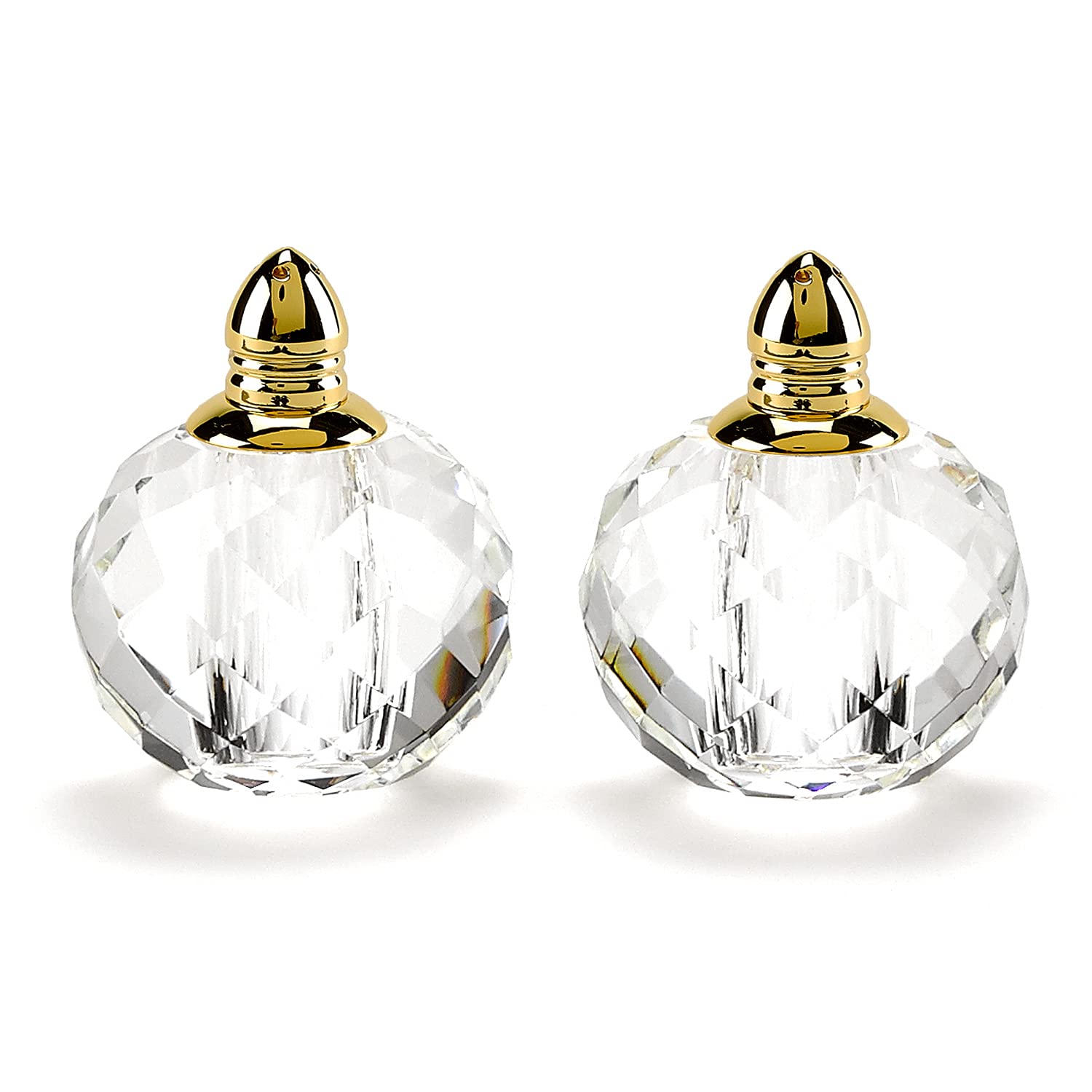 Handmade Optical Crystal & Gold Round Salt and Pepper Shakers - Elegant Dining Table Decor for Home & Restaurant Use