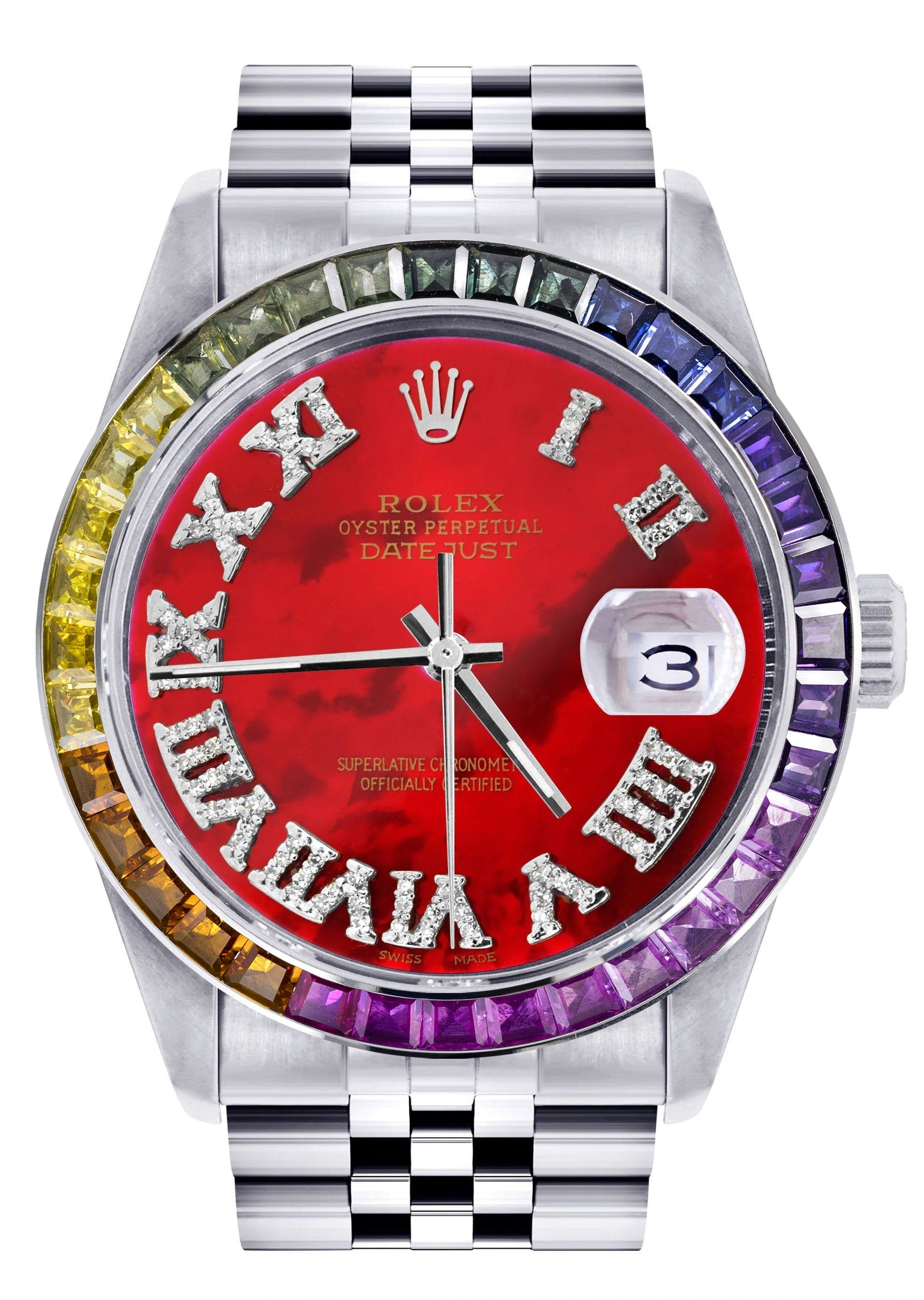 Luxury Diamond Gold Rolex Watch For Men 16200 | 36mm Stainless Steel | Rainbow Sapphire Bezel | Red Pearl Roman Numeral Dial | Jubilee Bracelet | Perfect for Gifts, Weddings & Special Occasions