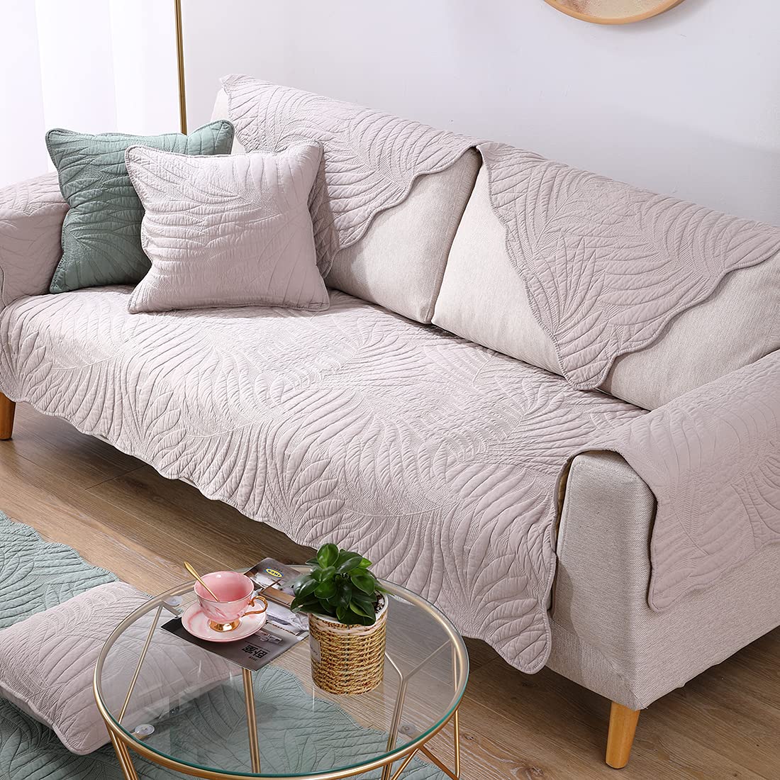 VCTOPS Leaf Embroidery Cotton Sofa Cover - Non-Slip Sectional Couch Slipcover for Pets, 36