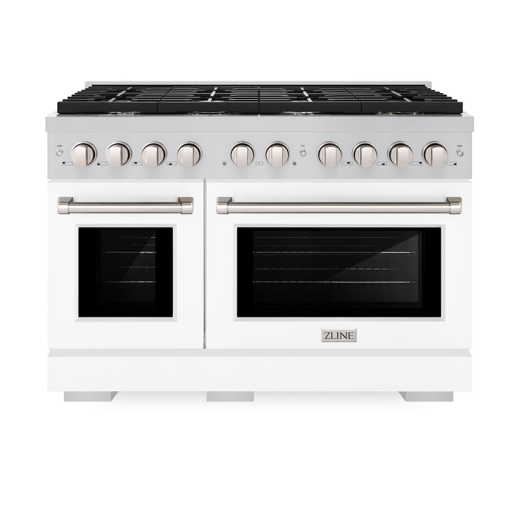 ZLINE 48-inch 6.7 cu. ft. Stainless Steel Double Oven Gas Range with 8-Burner Cooktop & White Matte Doors (SGR WM 48) - Perfect for Large Family Kitchens & Professional Cooking