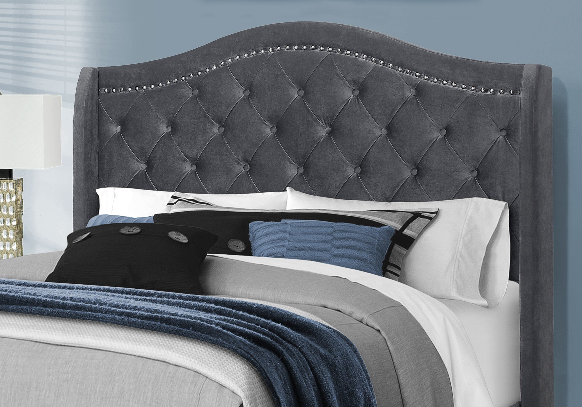 Queen Size Dark Grey Velvet Bed Frame with Chrome Trim - Modern Luxury Bedroom Furniture for Master Bedroom & Guest Room Decor