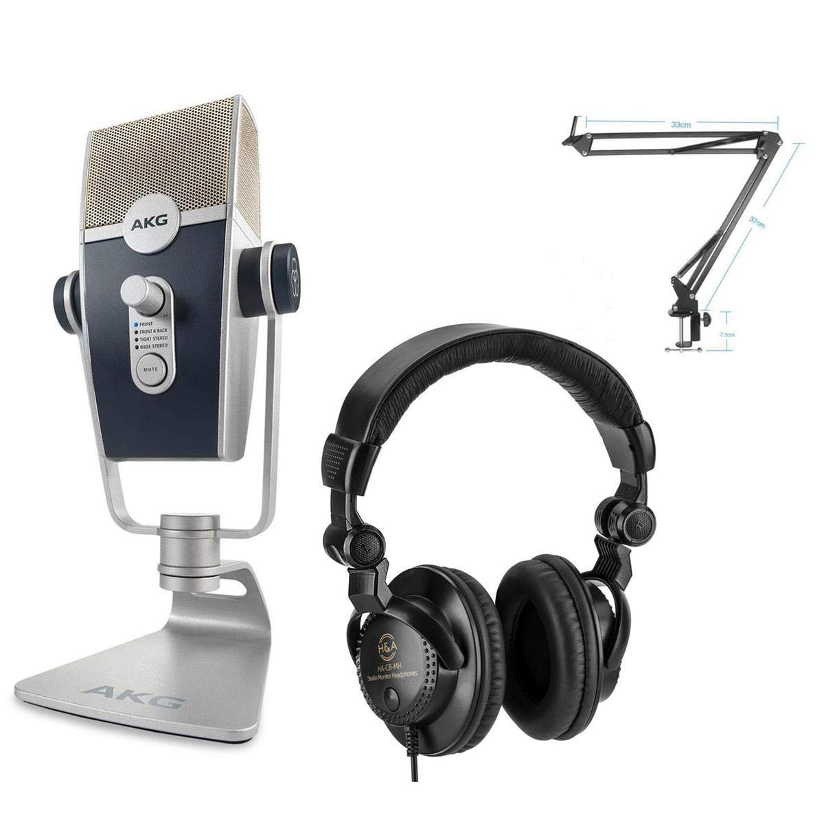 AKG Lyra USB Condenser Microphone with Adjustable Polar Patterns - Professional Studio Bundle with Technical Pro ARM1 Mic Boom Arm & H&A Closed-Back Headphones for Podcasting, Streaming, and Home Recording