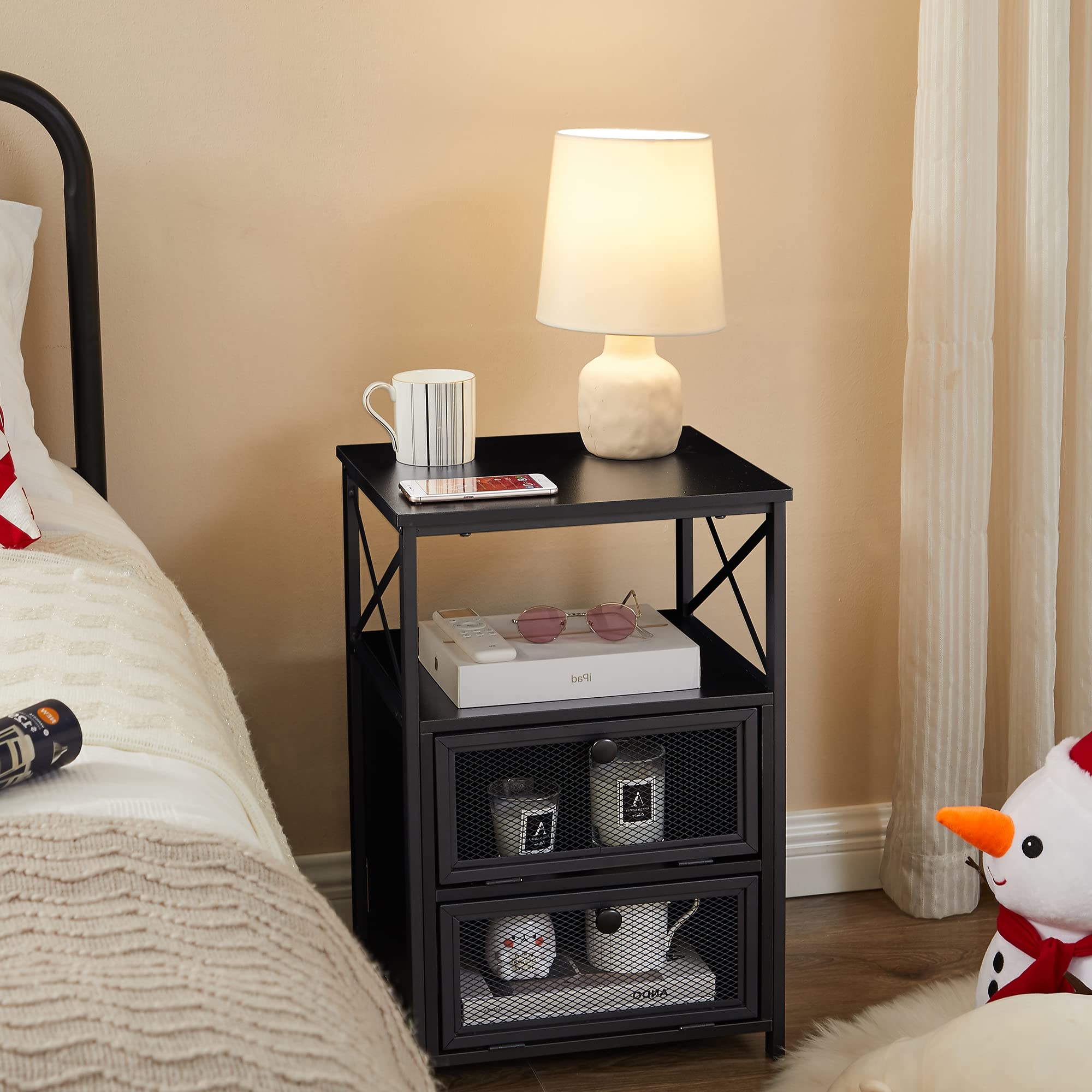 VECELO 2-Piece Modern End Side Table Set with Storage Space & Door - Nightstand for Bedroom, Living Room, Lounge - Antique Black Finish | Perfect for Small Spaces, Apartment Decor & Guest Room Essentials