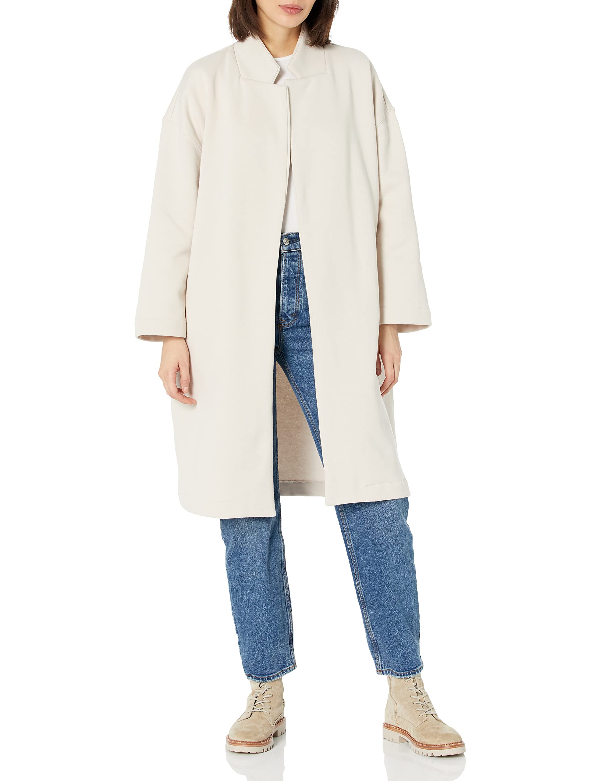 BLANKNYC Women's French Terry Collarless Long Coat - Comfortable Stylish Windbreaker Jacket for Casual Outings, Travel & Fall Fashion