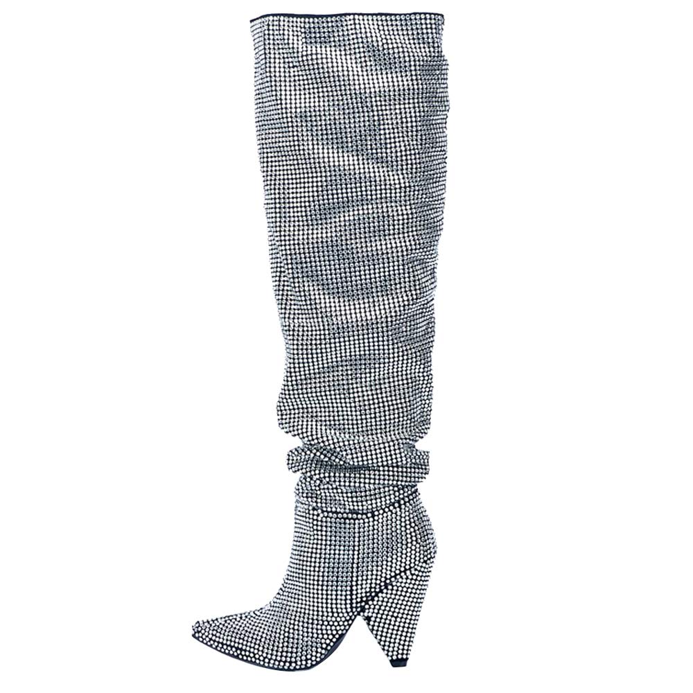 Stylish Women's Rhinestone Embellished Pointed Toe Over The Knee Boots - Fashionable High Heel Dress Boots for Party, Night Out & Special Occasions