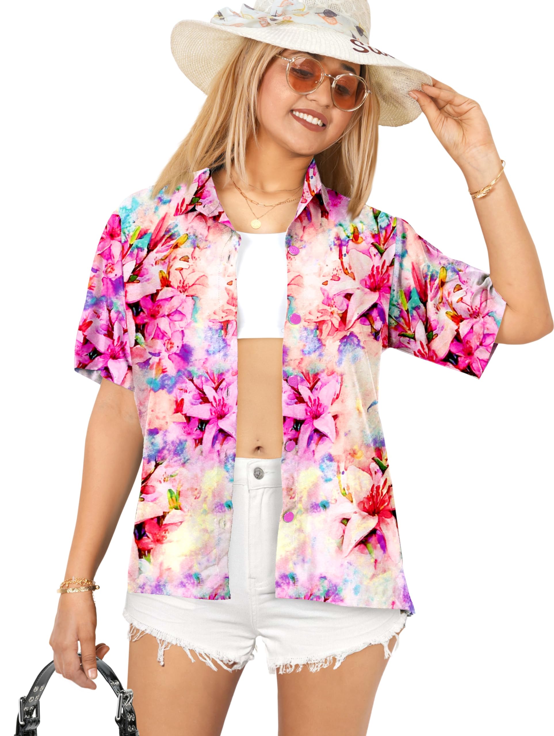 Happy Bay Women's Hawaiian Short Sleeve Beach Blouse - Floral Print Vacation Shirt for Tropical Getaways, Pool Parties & Summer Outfits