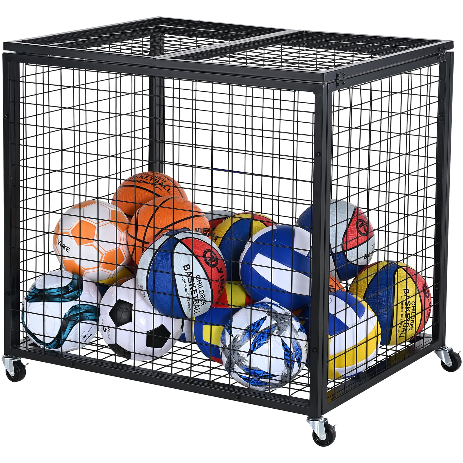 VEVOR Lockable Rolling Sports Ball Storage Cart - Double Lid Basketball Cage Organizer for Indoor & Outdoor Use - Heavy Duty Steel Equipment Rack for Garage, Gym, School & Playground | Perfect for Sports Gear Organization & Secure Storage