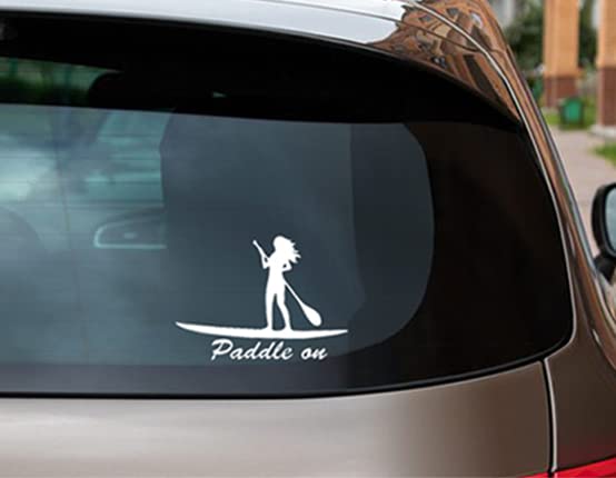BUFI-23 Stand Up Paddle Board Girl Vinyl Decal - White Surfing Sticker for Cars, Trucks, Laptops & Helmets - 6.5 Inches Wide - Perfect for Water Sports Enthusiasts & Vehicle Decoration