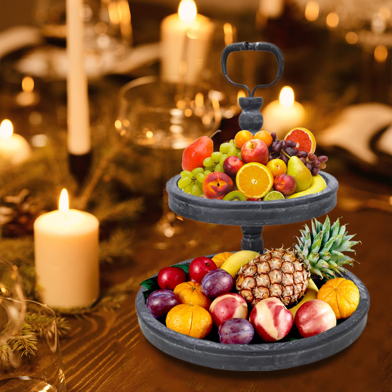 Vipush Farmhouse Two Tiered Serving Tray - Distressed Wood Rustic Cake Stand for Kitchen Decor, Seasonal Display, and Home Organization | Perfect for Dining Table Centerpiece, Coffee Bar Decor, and Holiday Entertaining